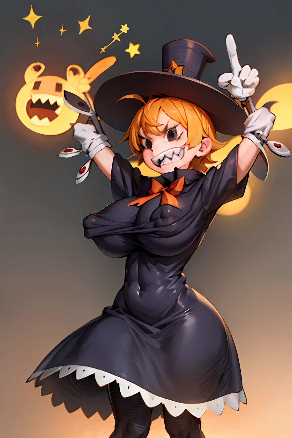 1girl, sgpeacock, mechanical arms, sharp teeth, hat, dress big breast, wide hips