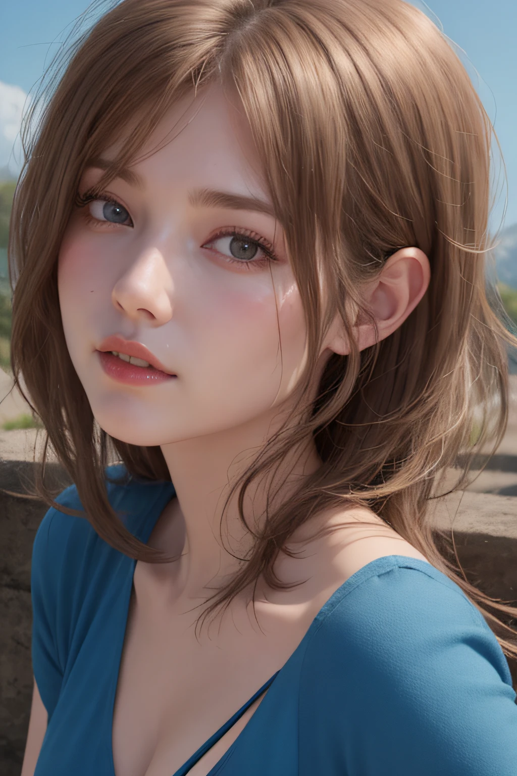 Alafed woman with short brown hair and blue dress poses for photo, photorealistic anime girl render, soft portrait shot 8 k, kawaii realistic portrait, Smooth Anime CG Art, photorealistic anime, realistic anime 3 d style, render of april, [ 4 k photorealism ]!!, 8k portrait render, artwork in the style of guweiz