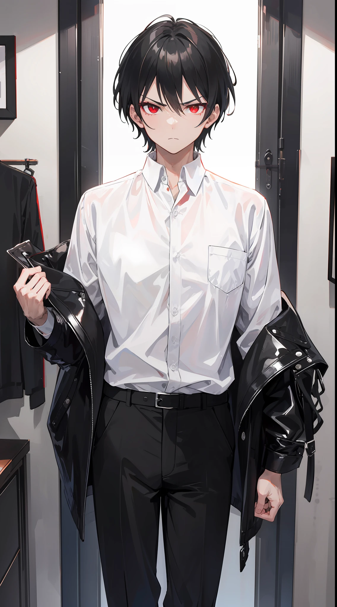 ((1man)) In a room, there was a man wearing a white shirt, with jet black hair and bright red eyes, badass, glare, Without expression