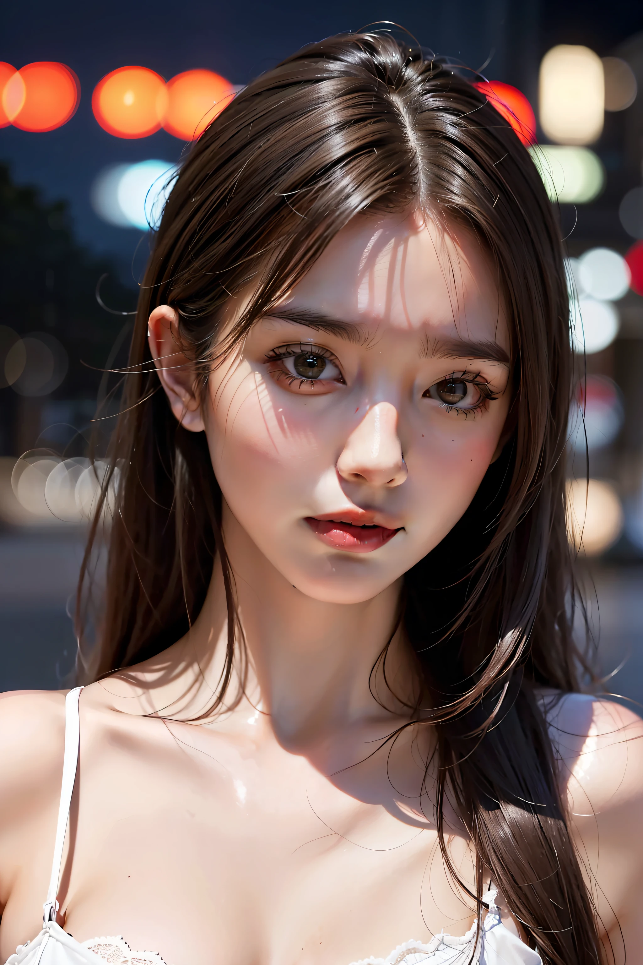 1girl, Tokyo street,night, cityscape,city lights, upper body,close-up, 8k, RAW photo, best quality, masterpiece,realistic, photo-realistic,