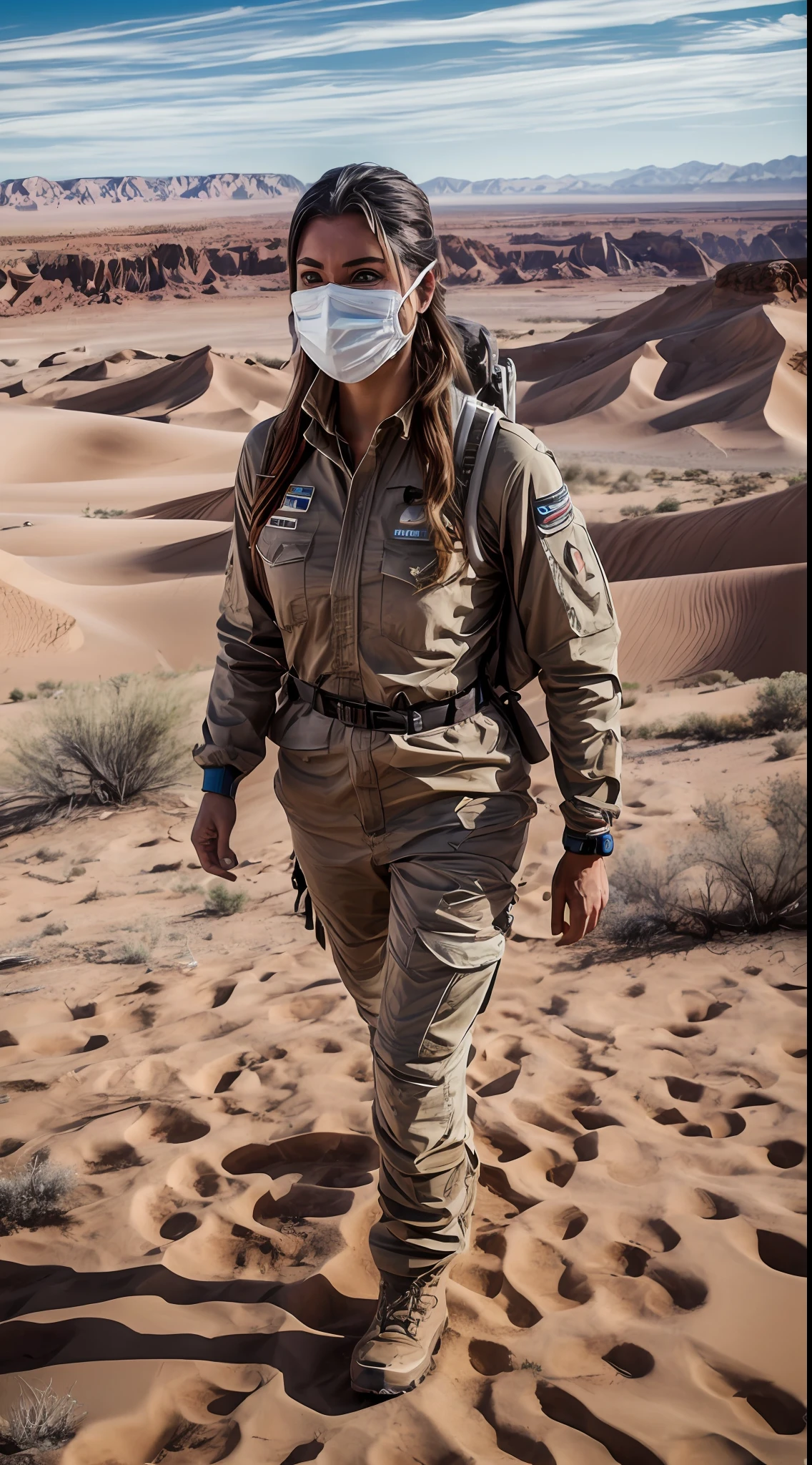 In a stunning desert setting, Una mujer rubia vestida con uniforme de enfermera (doctor) se sienta en la arena. The camera captures a medium environmental close-up, mostrando la belleza del desierto con sus dunas de arena y la inmensidad del paisaje. en segundo plano, se puede ver un Toyota Hilux, adding a touch of adventure and ruggedness to the scene. Aunque sutil, This detail highlights the adventurous and versatile spirit of women.. A pesar de estar en el desierto, she demonstrates her ability to face challenges with confidence and determination.