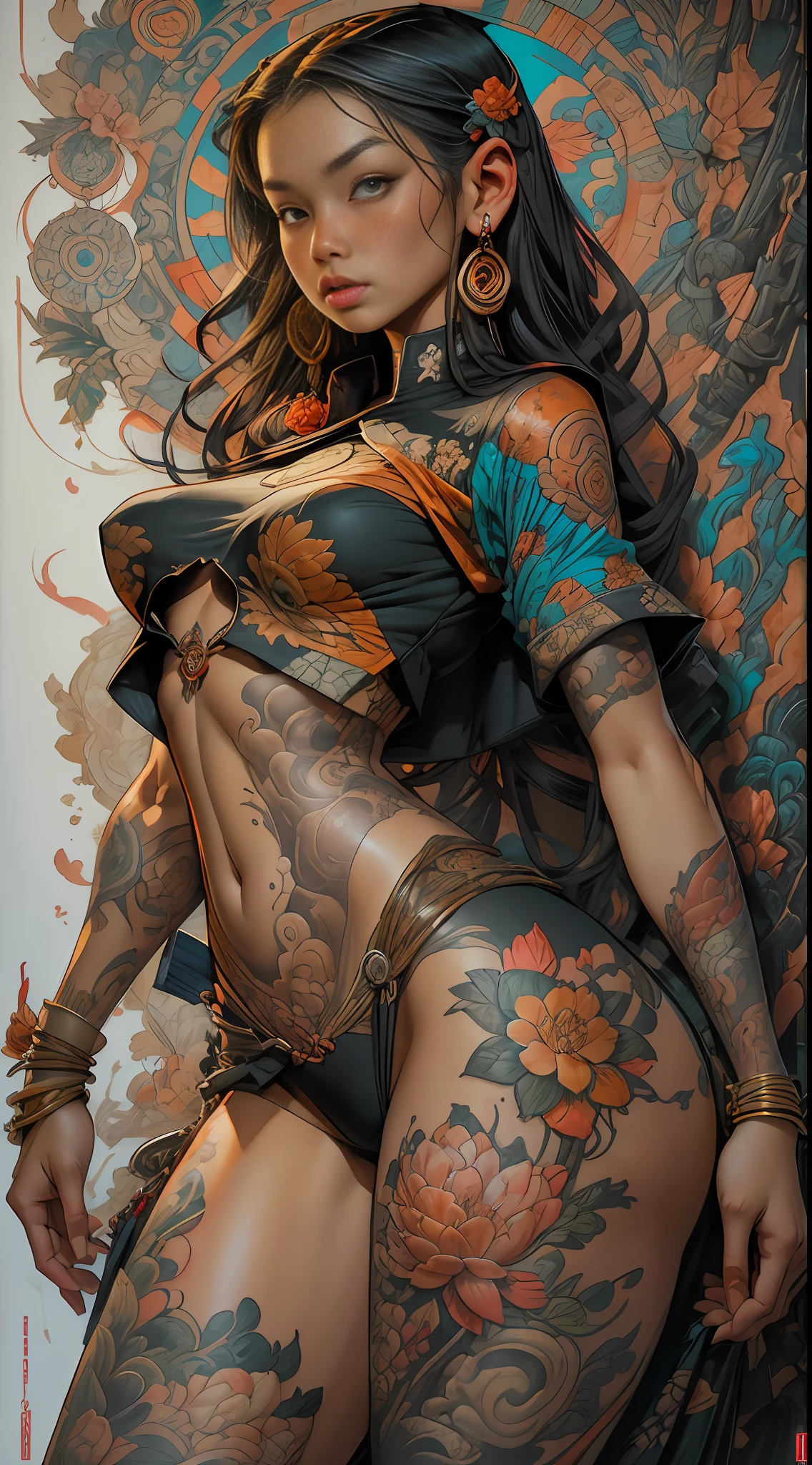 Textures: 1.5, orange: 1.1, white: 1.3, red: 1.3, (indonesian woman), sexy, tattoos, thick, exotics, (power puffer clothes: 1.2), 3d graffitti, abstract, lines, batik, indonesian art, indonesian culture, background circles, by Adam Hughes, art by Jay Anacleto