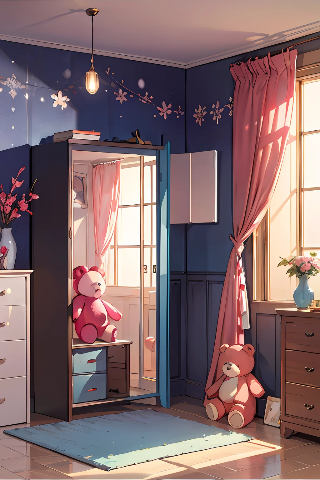 A Masterpiece，Pro lighting，Photonic mapping，radiosity，physics-based rendering，Girls' bedroom，no people，There is no one indoors，Pink wardrobe，sunbeam，floor，Huge teddy bear doll，