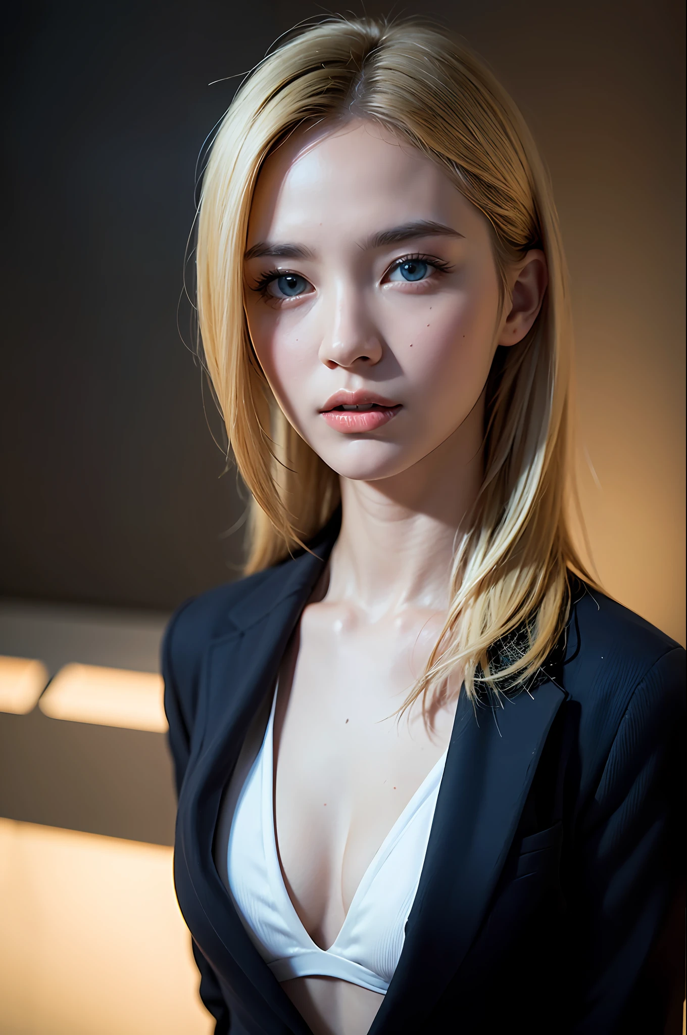 Best quality, masterpiece, ultra high res, (photorealistic:1.4), raw photo, 1girl, blonde hair, blue eyes, detailed eyes and face, black suit, dynamic lighting, in the dark, deep shadow, low key, cowboy shot full-lenght body