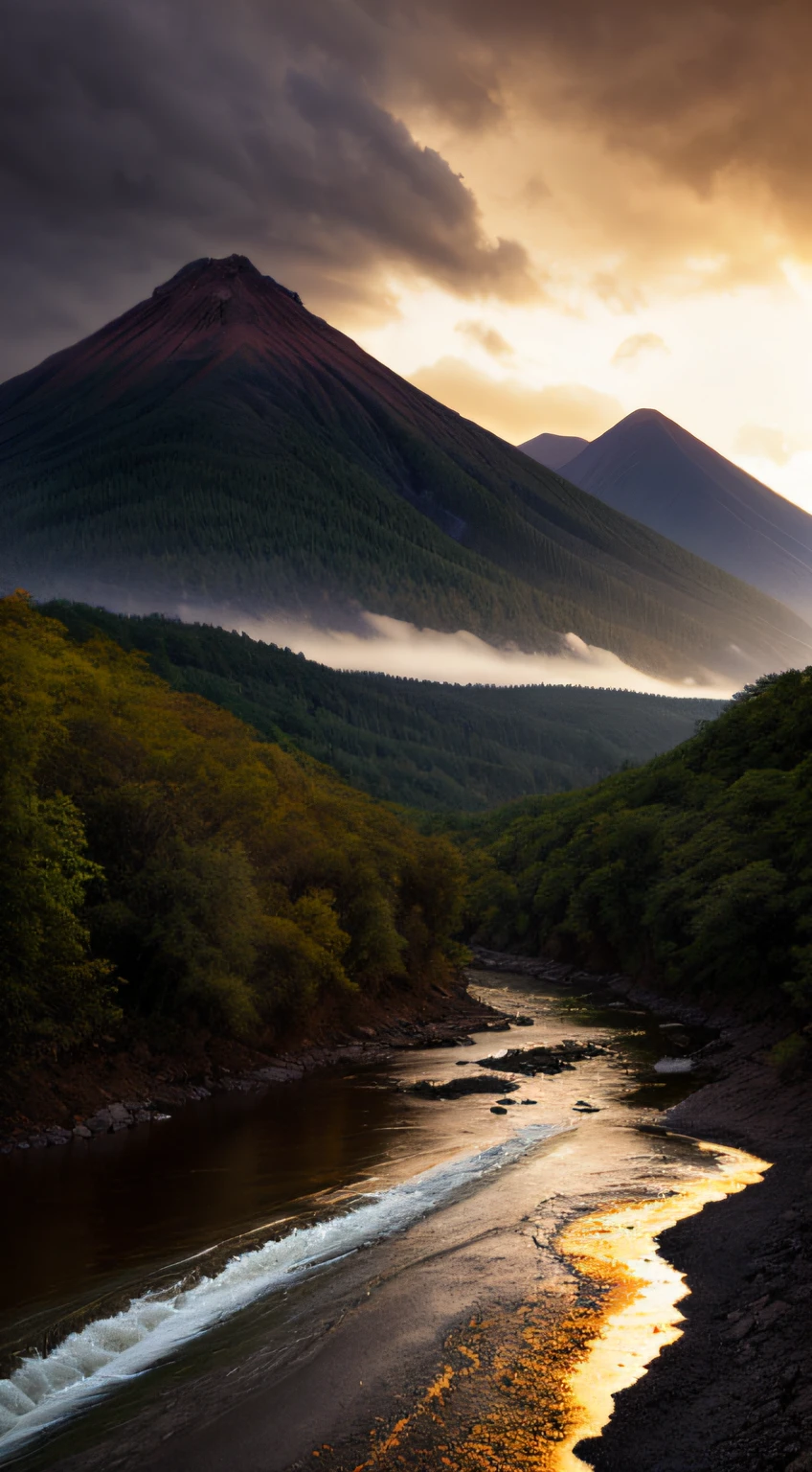 A stunning photograph of mountain and a river,golden hour lighting,rainy,happy,Photography, Photo Realistic, by Carr Clifton, by Greg Rutkowsky, Erik Johansson, Phil Koch, Joel Sternfeld, Kevin McNeal, Richard Mosse, highly detailed,8K, HDR, DSLR Camera, Fuji Film, National Geographic, Epic Composition