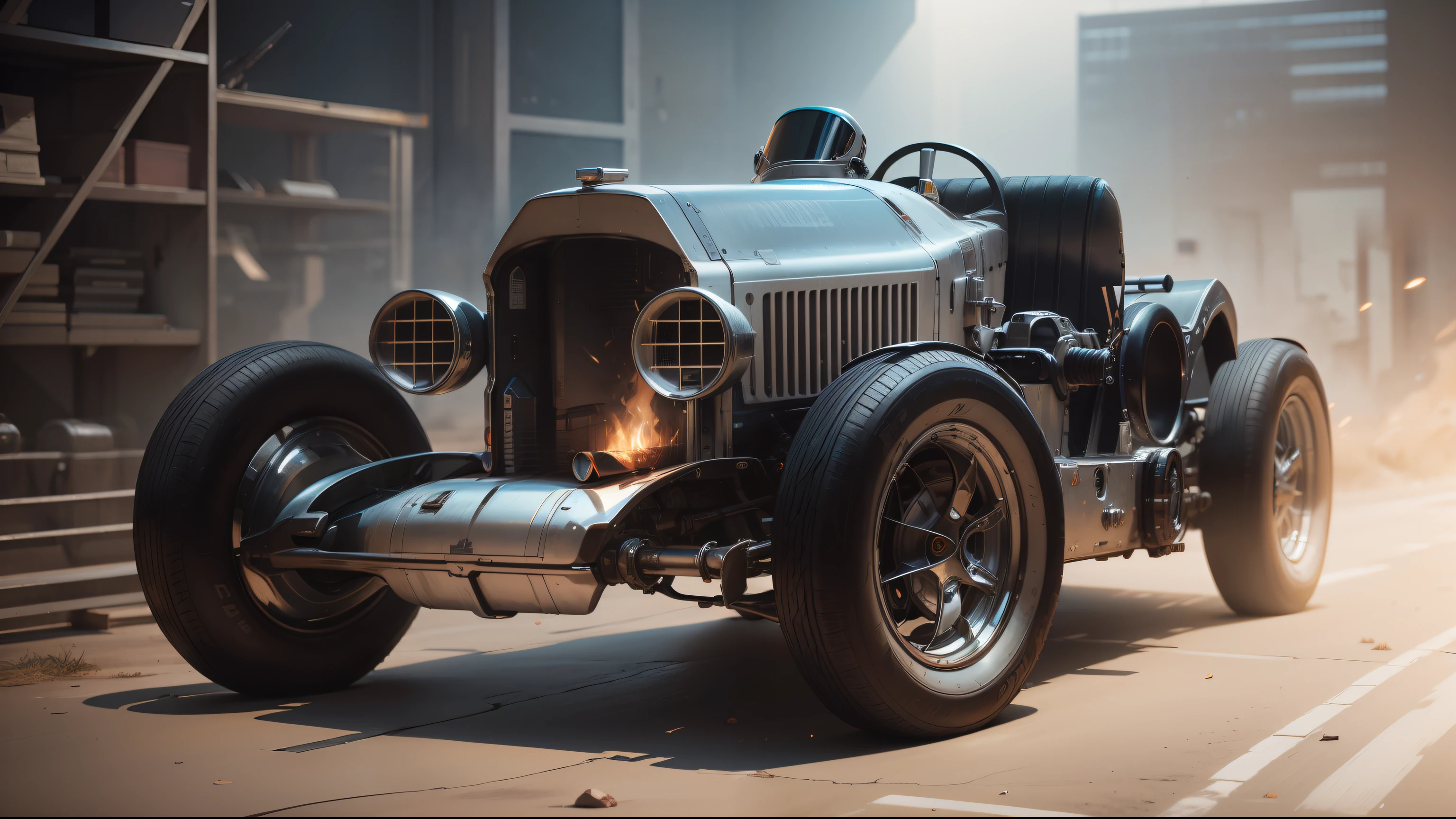Portrait painting of a sci-fy style race car brilliant metalic power armor, with (((missiles on the side))), (((machine gun))) on top of the hood, ultra realistic, concept art, intricate details, eerie, highly detailed, reflective, photorealistic, octane render, 8 k, unreal engine. art by artgerm and greg rutkowski and alphonse mucha, framed, framed, framed, centered --auto
