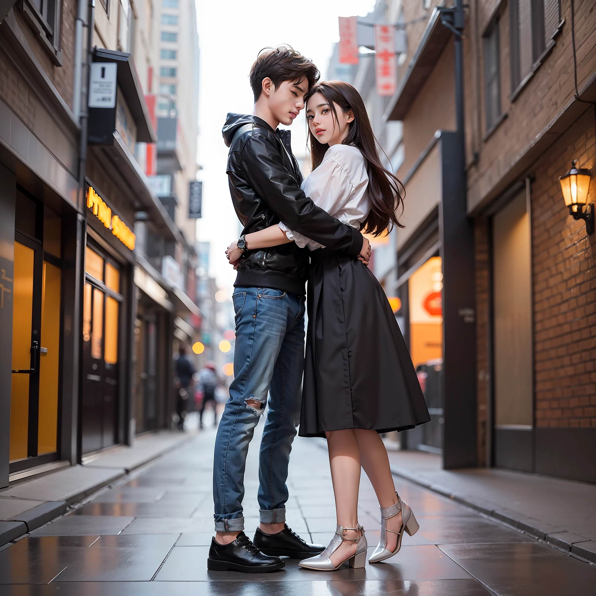 graphic design, flat design, couple, teenagers, boy with beautiful girl in their twenties, hugging, in love, romance. Full body. city, highly detailed clean, photorealistic masterpiece, professional photography, realistic, background, isometric, vibrant color vector, high definition