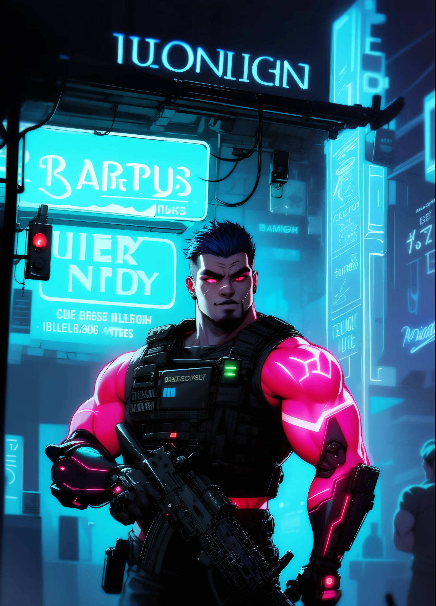 (best quality, masterpiece:1.3), thick outlines, face highlight, detailed face, detailed skin, 1boy, tactical gear, tactical, bulletproof vest, assault rifle, gun, holding weapon, action shot, toned,  blue hair, piercing, nose piercing, cyberpunk, punk, black lipstick, city, (neon light:1.7), sleeveless, mechanical arms, prosthetic arms, cyborg, night, (muscular male, bara:1.5)