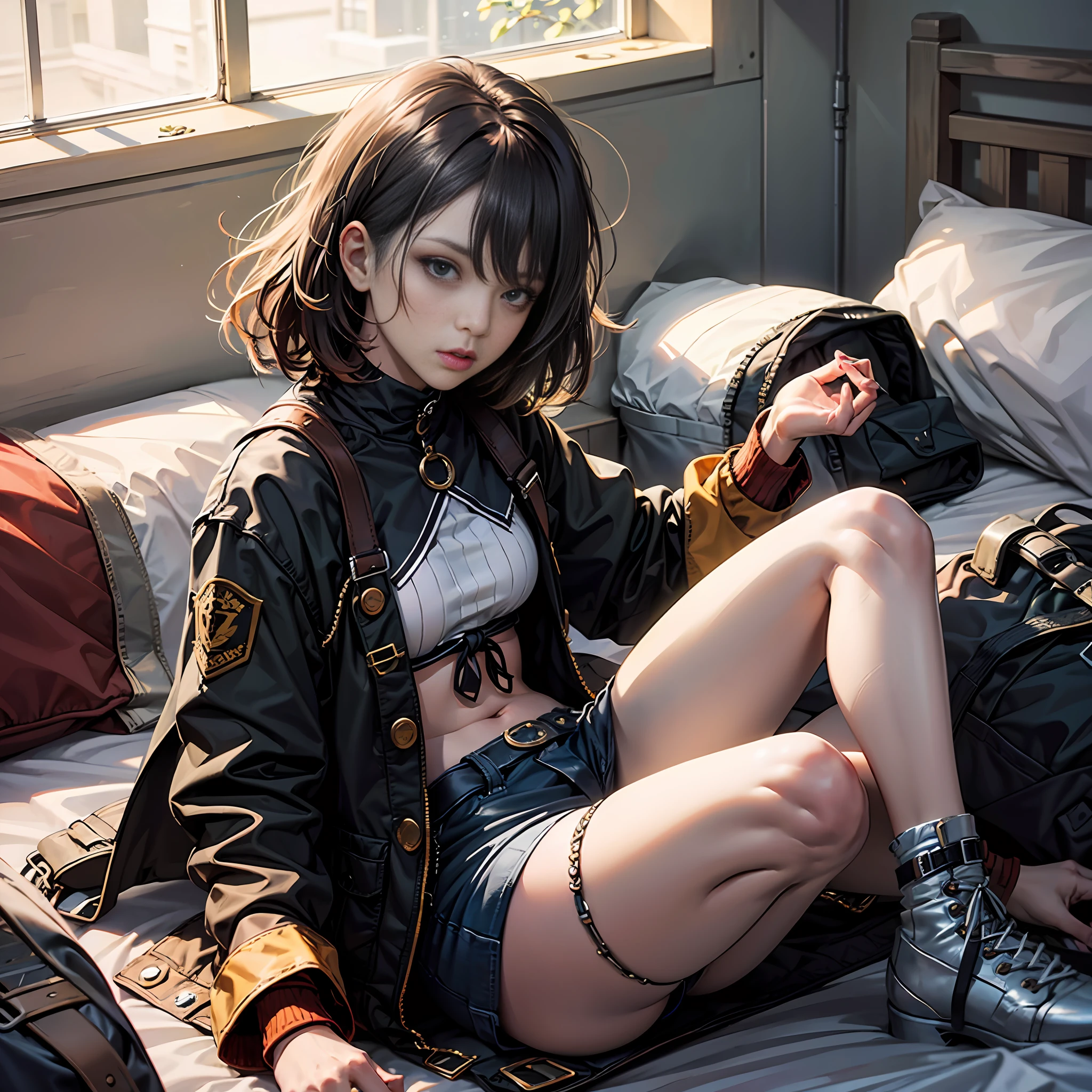 Raise your feet and spread outward,Mature face,mature female,Tied up with hair,Ultra-loose casual cotton garment,Anterior convex and posterior,Straight chest,Ruddy complexion,No pants on,Pull clothes upwards,Lying in bed --auto
