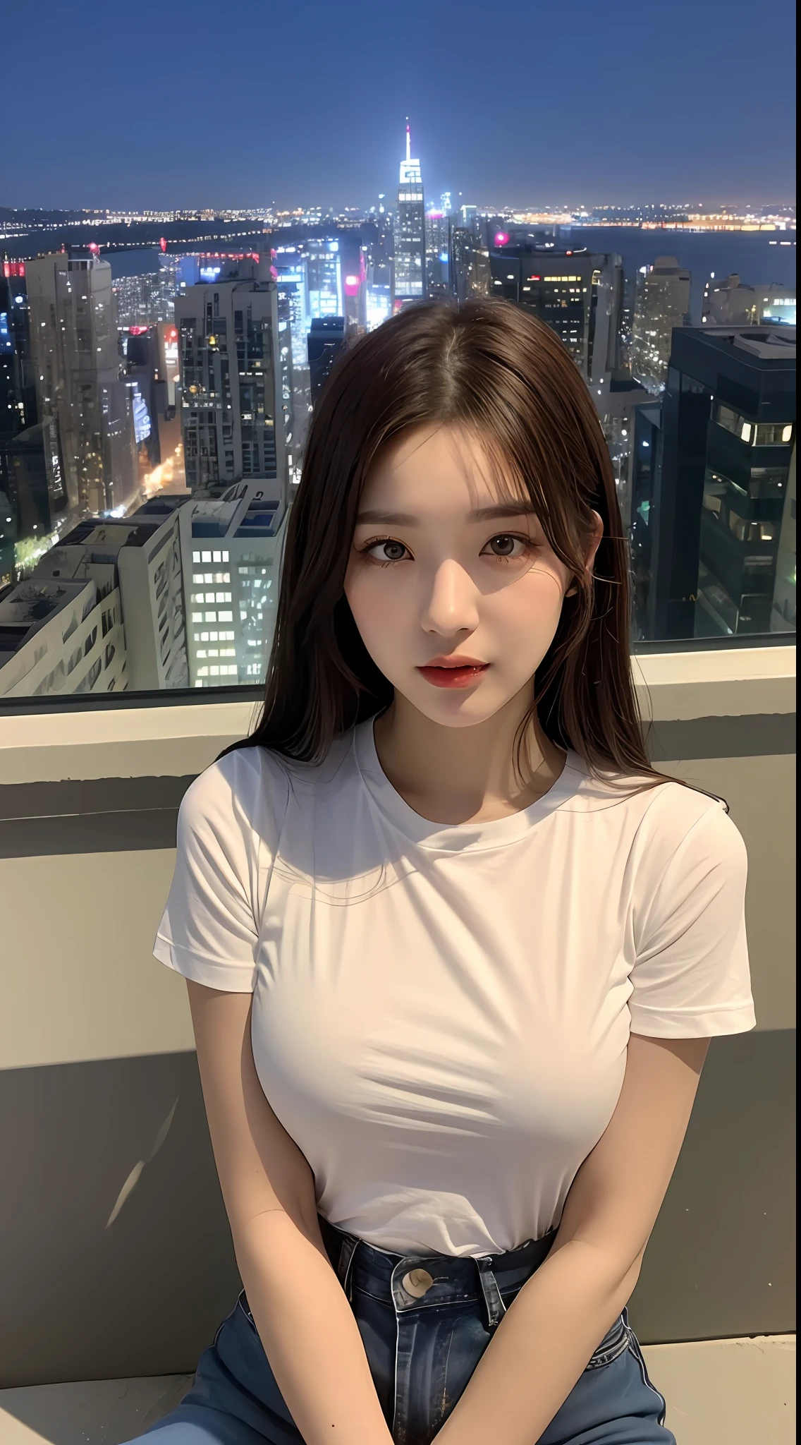 ((Midnight, Best quality, 8k, Masterpiece :1.3)), Whole body, Long legs, Sharp focus :1.2, A pretty woman with perfect figure :1.4, Slender abs :1.1, ((Dark brown hair, Big breasts :1.2)), (White tight tshirt, Jean bib, Standing:1.2), ((Night city view, Rooftop:1.3)), Highly detailed face and skin texture, Detailed eyes, Double eyelid