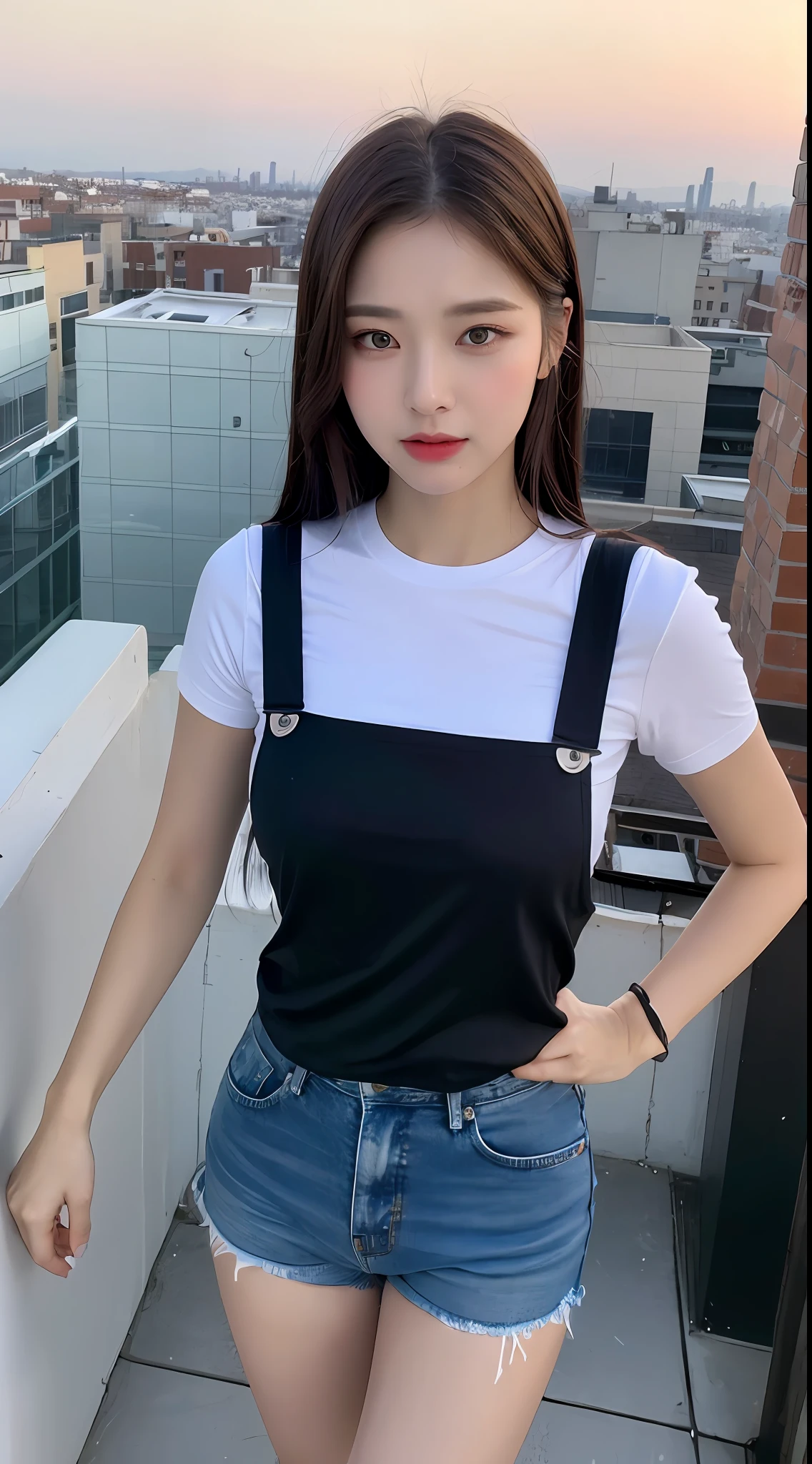 ((Midnight, Best quality, 8k, Masterpiece :1.3)), Whole body, Long legs, Sharp focus :1.2, A pretty woman with perfect figure :1.4, Slender abs :1.1, ((Dark brown hair, Big breasts :1.2)), (White tight tshirt, Jean bib, Standing:1.2), ((Night city view, Rooftop:1.3)), Highly detailed face and skin texture, Detailed eyes, Double eyelid