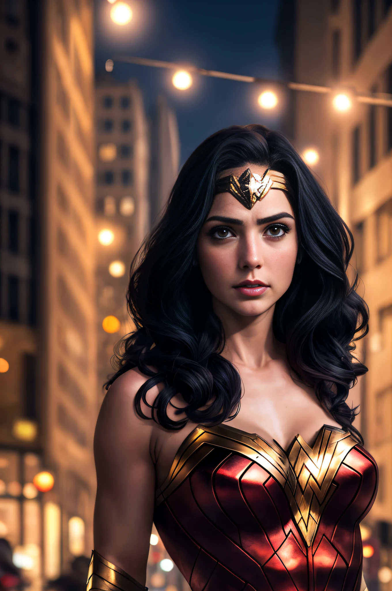 ((Realistic lighting, Best quality, 8K, Masterpiece: 1.3)),Gal Gadot, cosplay (wonder woman),Outdoors,in the center of city at night,