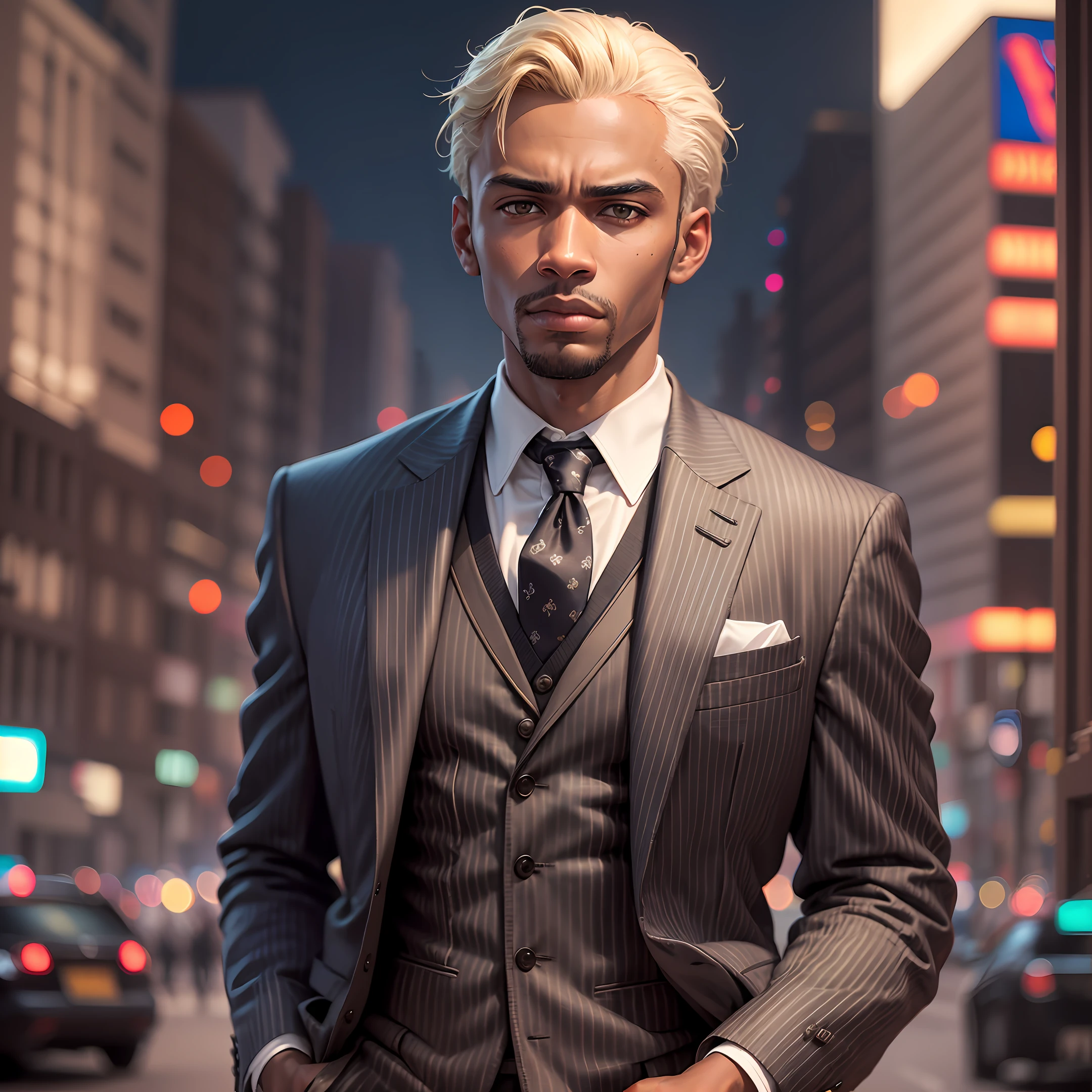 arafed black man in a suit and tie standing in a park, wearing a worn out brown suit, wearing a pinstripe suit, in his suit, wearing a worn out suit, similar to malfoy, he is wearing a suit, neo noir style, in a suit, neo - noir style, pinstripe suit, in a strict suit --auto --s2