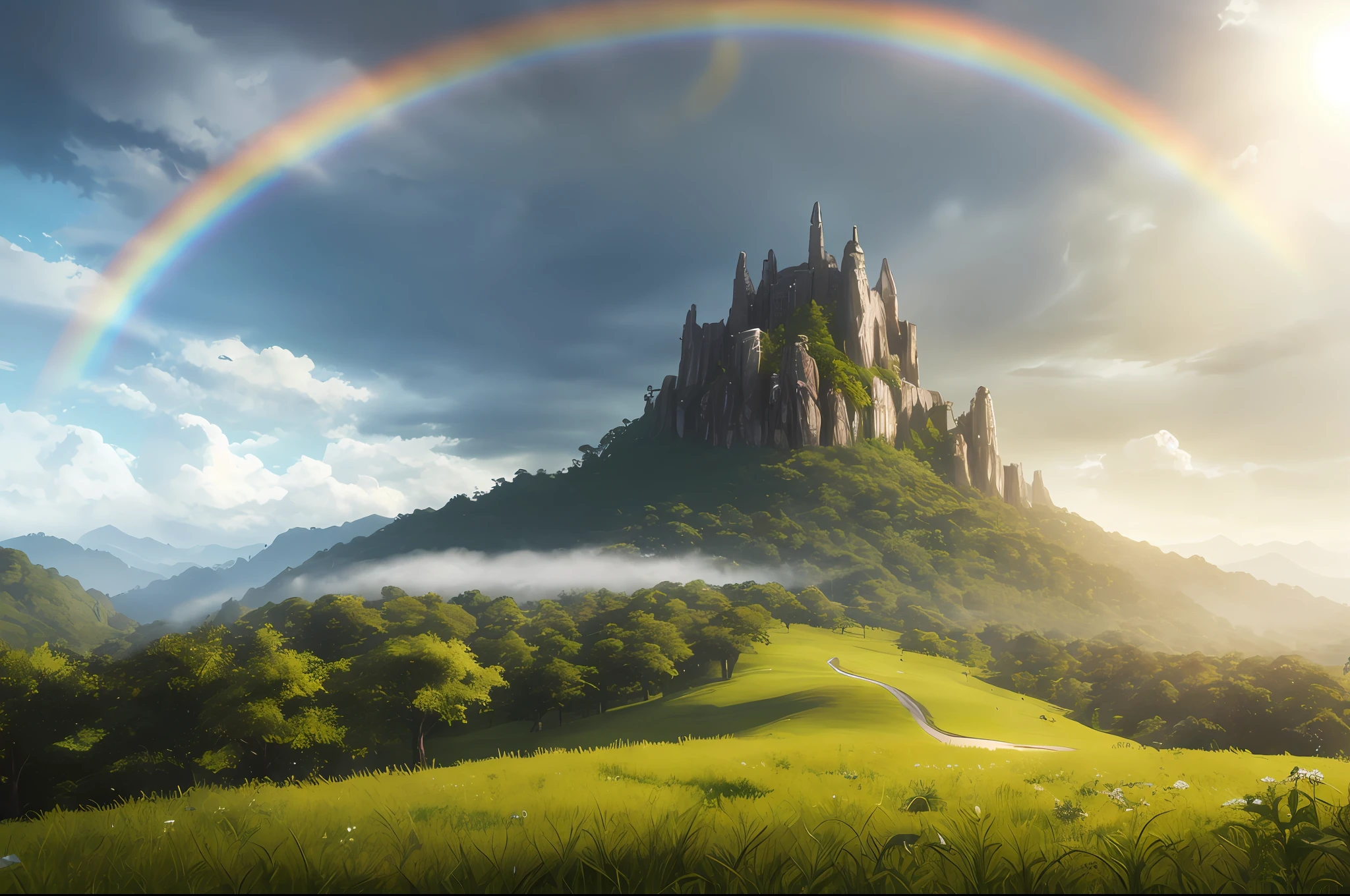 After the rain, the natural landscape is even more beautiful, The water droplets on the leaves and grass sparkle in the sunlight, and the rainbow is a stunning sight, The lush greenery and the blue sky are a perfect backdrop for the dynamic clouds, The sun rays pass through the clouds at a dynamic angle, creating a fantasy landscape that is simply breathtaking, hyper detailed, hyperrealism, cryengine