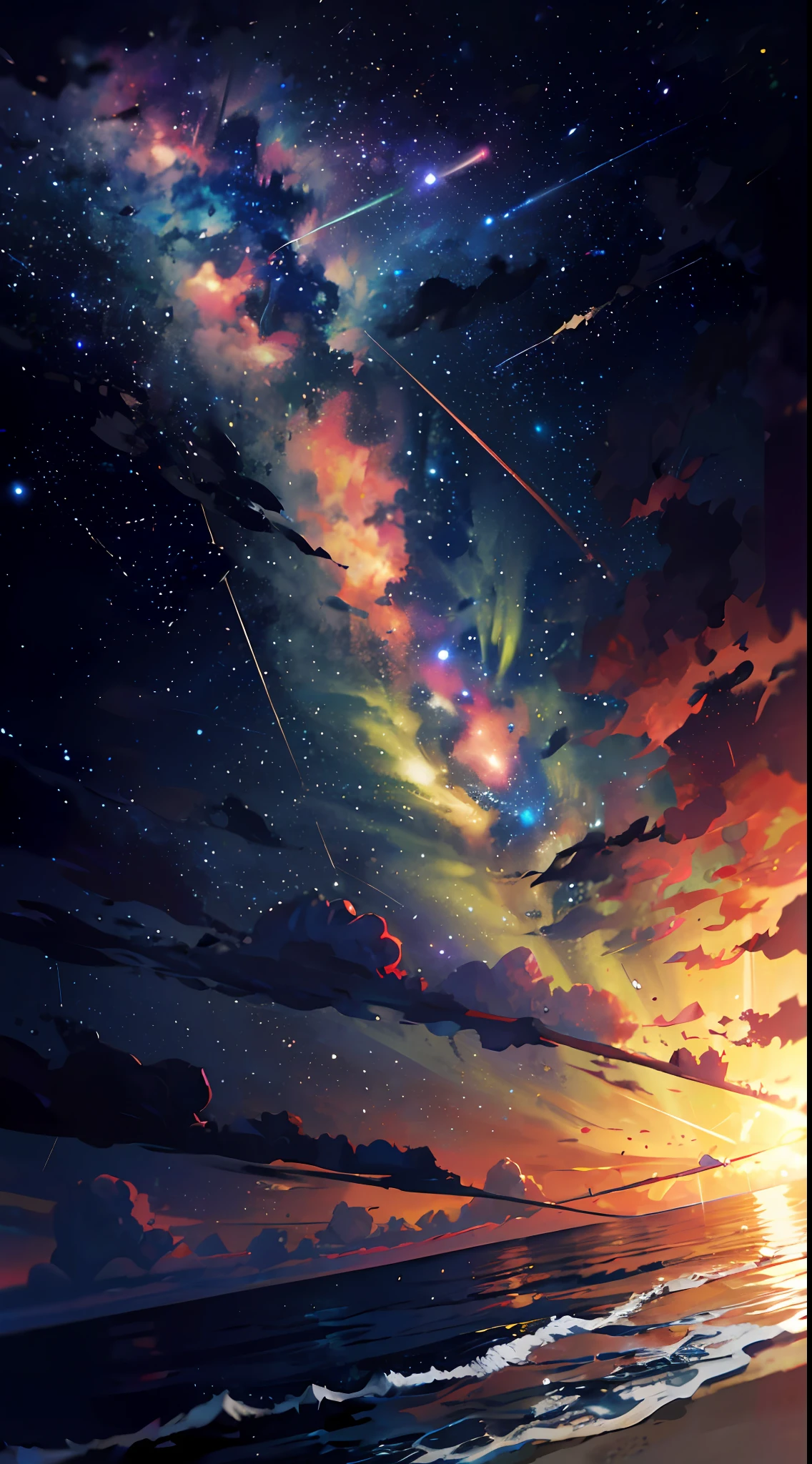 (zoom:1.1), (meteor shower:1.2), (comet:1.1), low angle, arora borealis, shooting star, top quality, masterpiece, clouds, colorful, southeast Asian beach, summer, seascape, small islands