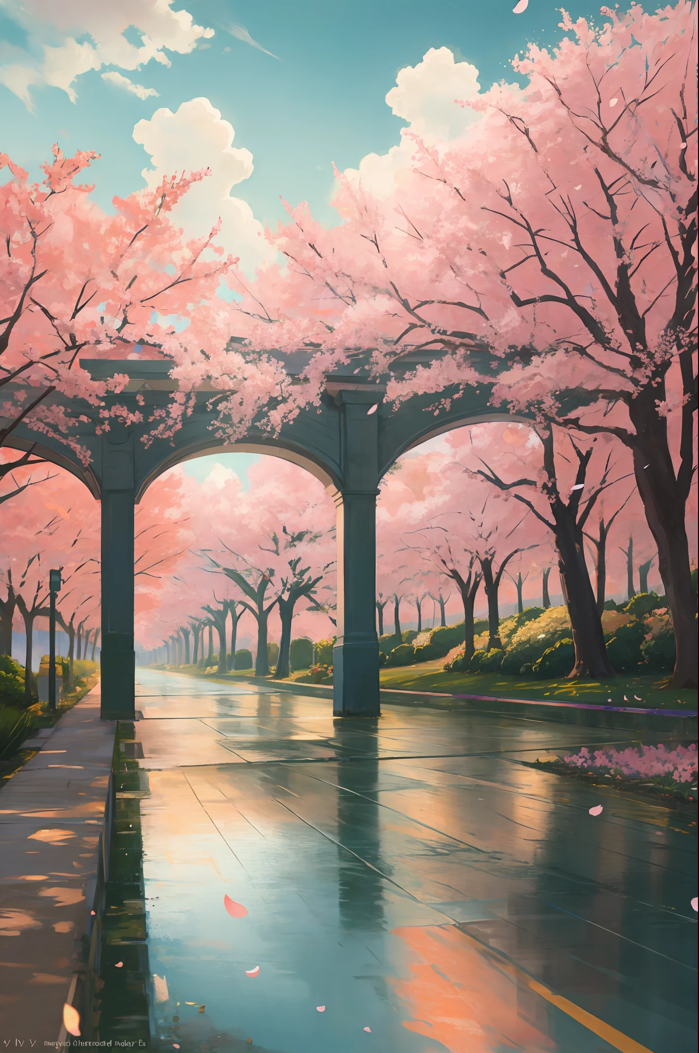 masterpiece, best quality, beautiful landscape, cherry blossoms, garden, flowers, clouds, (neutral colors), (hdr:1.4)