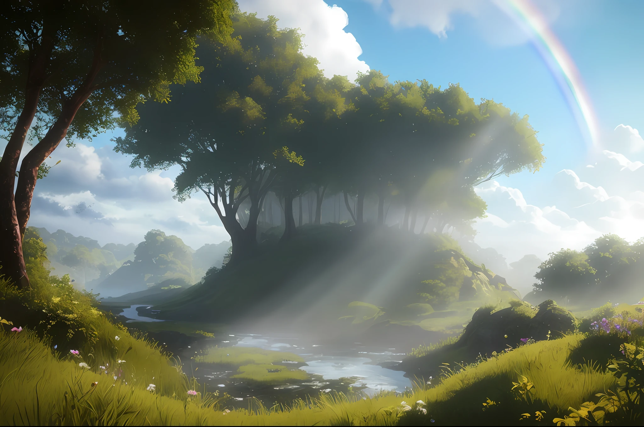 After the rain, the natural landscape is even more beautiful, The water droplets on the leaves and grass sparkle in the sunlight, and the rainbow is a stunning sight, The lush greenery and the blue sky are a perfect backdrop for the dynamic clouds, The sun rays pass through the clouds at a dynamic angle, creating a fantasy landscape that is simply breathtaking, hyper detailed, hyperrealism, cryengine