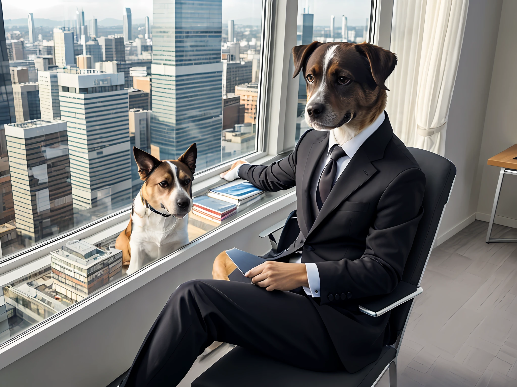 human dog with a black suit, sitting in an office, in the background a large window overlooking a city full of buildings --auto --s2