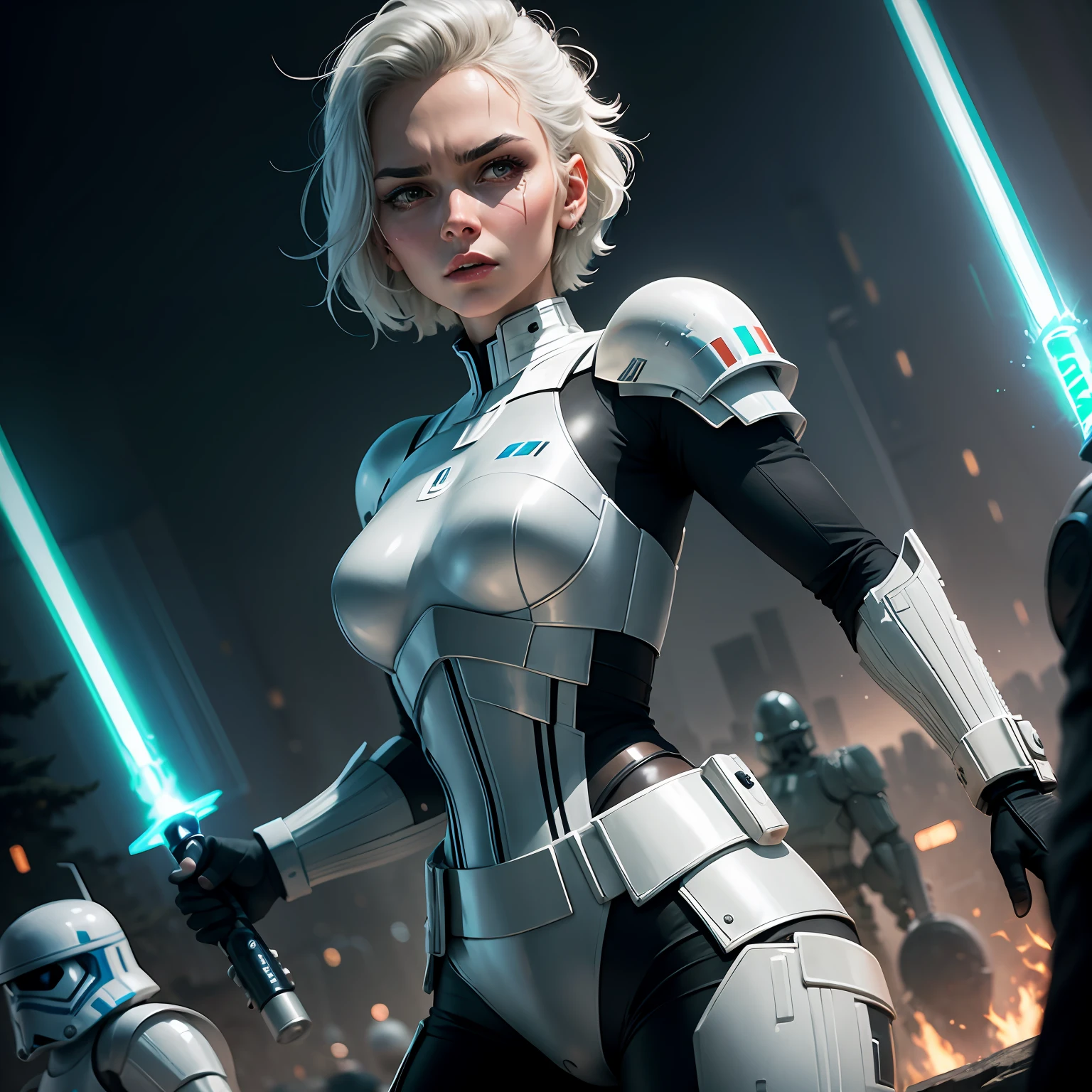 Blue lightsaber in hand, short hair, concentrated face, combat attire, white hair, yellow eyes, white armor, android, human appearance, adult woman --auto