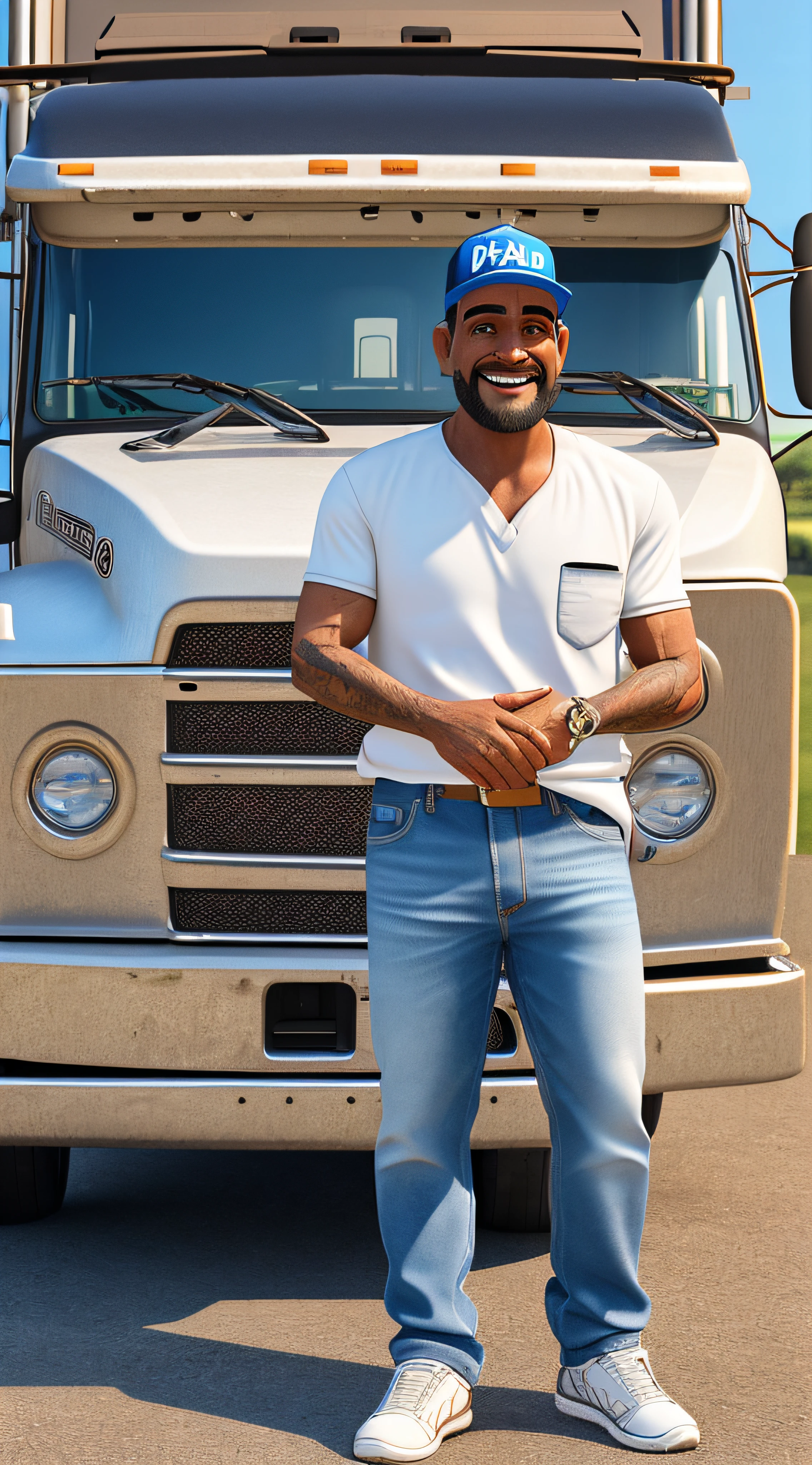 trucker, front view, full body, *white skin*, smiling, Brazilian, 40 years old, cap, ultra-realistic 4k --auto --s2