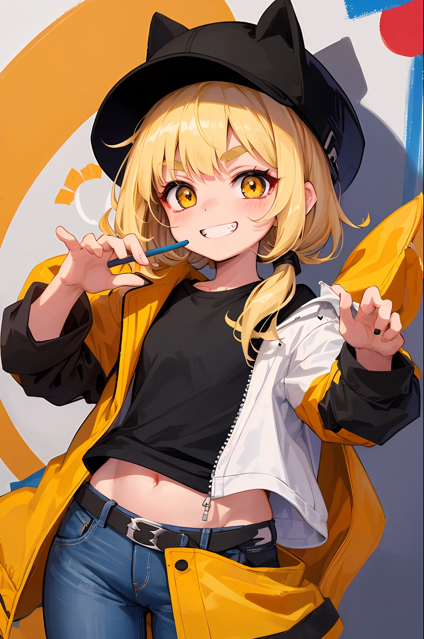 Original Characters、Volume Lighting、Best Shadows、Shallow depth of field、Portrait of an amazingly beautiful girl、Delicate beautiful attractive face with petite and seductive yellow eyes、Messily painted face、Sharp Eyebrows、wide grin、with mouth open、Stick out your fangs、Beautiful upper milk、Layered long twin tail blonde、Blush Eyeshadow、Dark eyelashes、Applejack Hat、Oversized Pop Jacket、Mini Underbob T-Shirt、Open belly button、slim waist、Denim Jeans Pants、with buckle belt、Graffiti alley、Trash、Outer phase、Outdoor Unit、Hold spray paint can、Standing、(maximum quality、Great detail:1.25)、(solo:1.3)、Brilliant Colorful Paintings