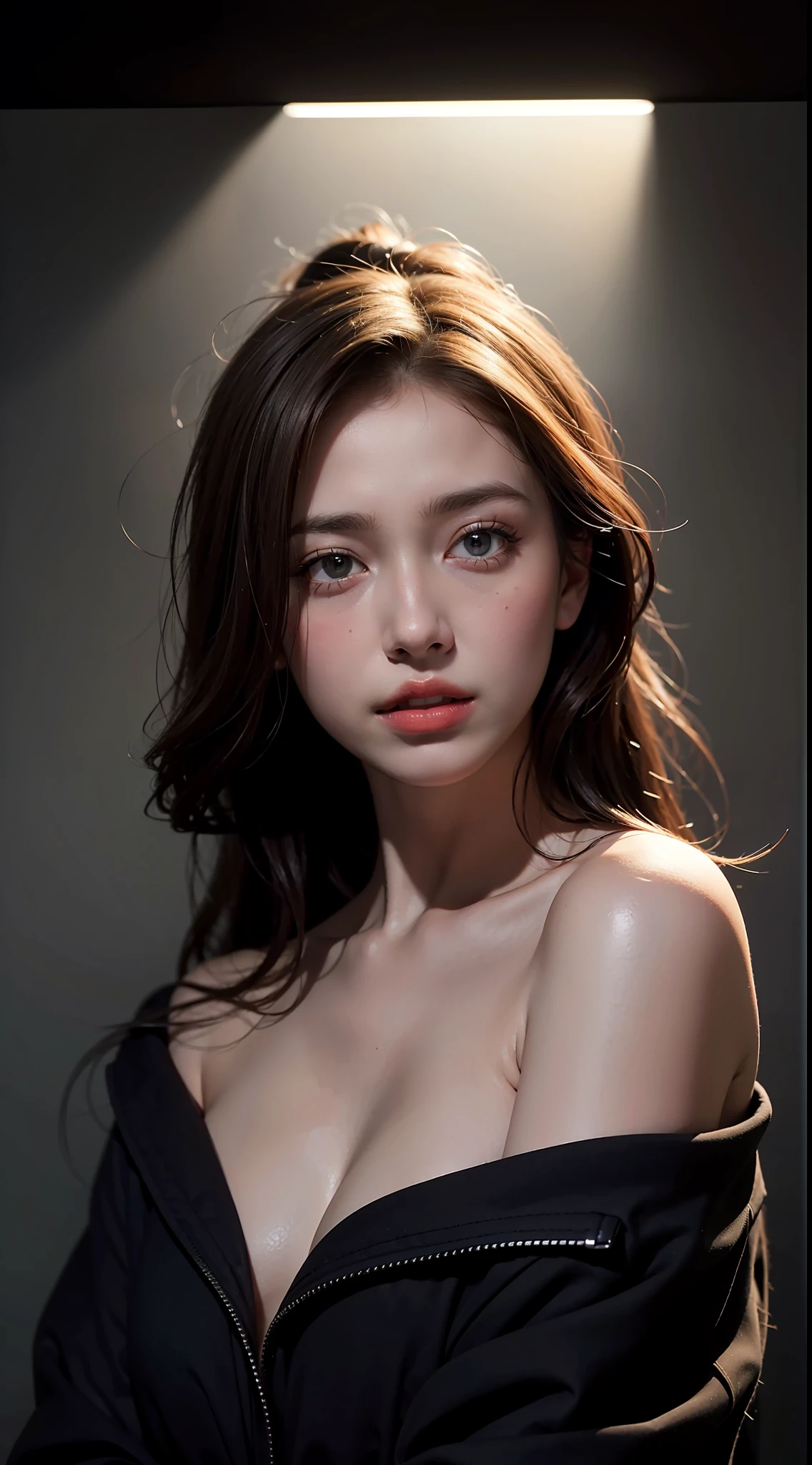 Best quality, masterpiece, ultra high res, (photorealistic:1.4), raw photo, 1girl, offshoulder, in the dark, deep shadow, low key, cold light