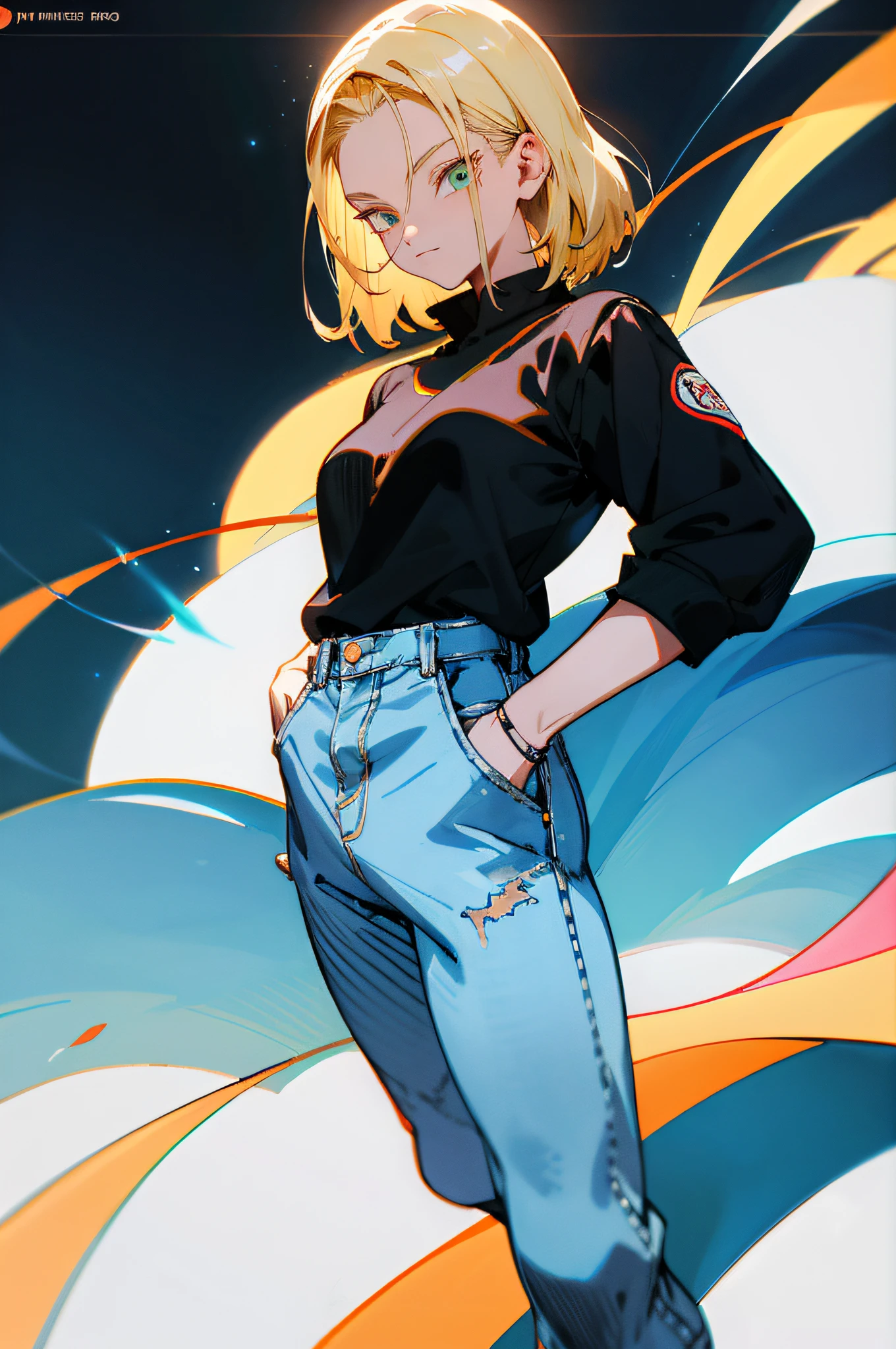 Obra prima, melhor qualidade, ultra-detalhado, absurdos, Nice Android18DB potrait, somente, Denim, seios, cinto, medium_seios, ao ar livre, Rasgado_roupa, Hands in pockets, volumetric lighting, melhor qualidade, Obra prima, detalhes intrincados, mapeamento de tons, Crisp Focus, hiper detalhado, trending on ArtStation,
