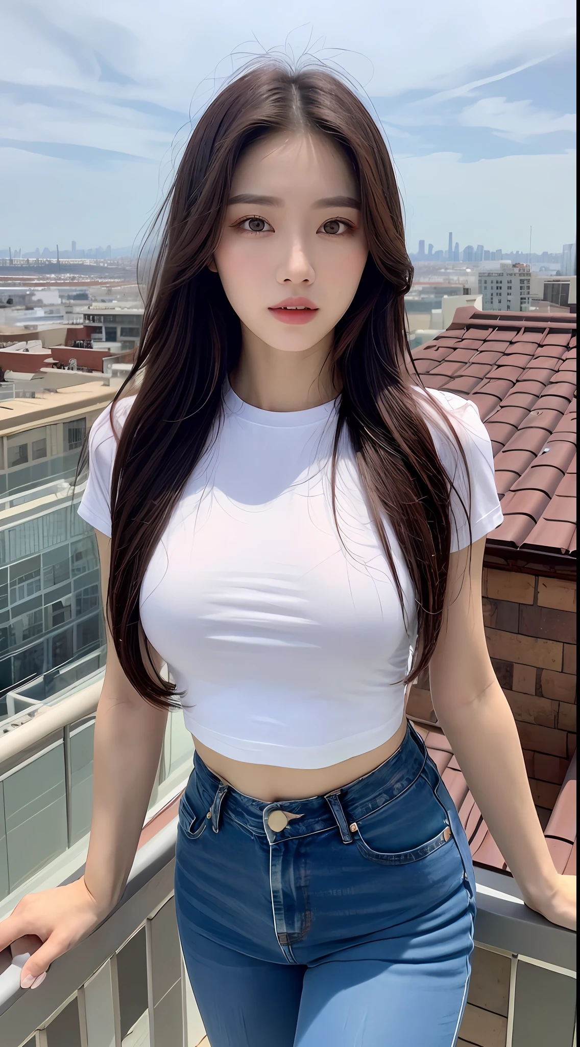 ((Midnight, Best quality, 8k, Masterpiece :1.3)), Whole body, Long legs, Sharp focus :1.2, A pretty woman with perfect figure :1.4, Slender abs :1.1, ((Dark brown hair, Big breasts :1.2)), (White tight tshirt, Jean bib, Standing:1.2), ((Night city view, Rooftop:1.3)), Highly detailed face and skin texture, Detailed eyes, Double eyelid