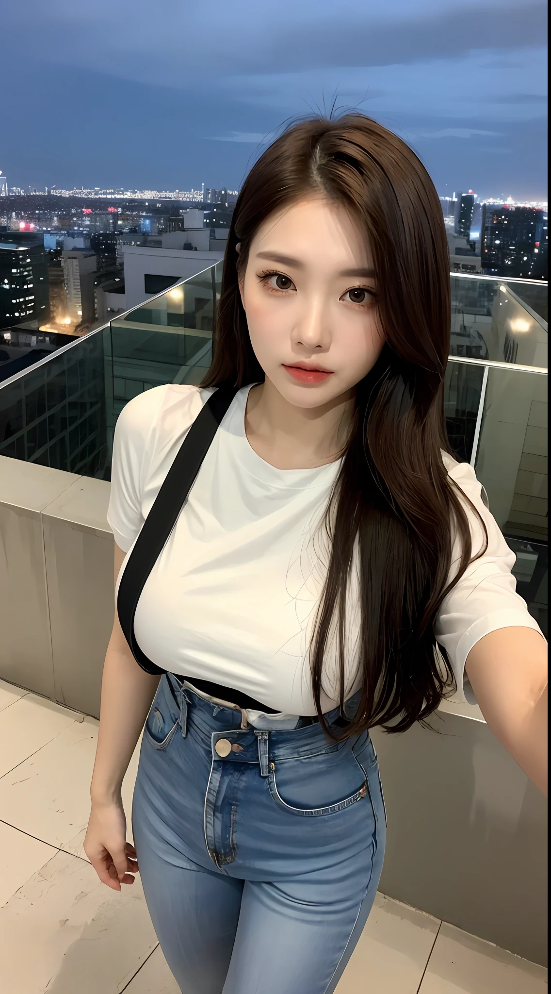 ((Midnight, Best quality, 8k, Masterpiece :1.3)), Whole body, Long legs, Sharp focus :1.2, A pretty woman with perfect figure :1.4, Slender abs :1.1, ((Dark brown hair, Big breasts :1.2)), (White tight tshirt, Jean bib, Standing:1.2), ((Night city view, Rooftop:1.3)), Highly detailed face and skin texture, Detailed eyes, Double eyelid