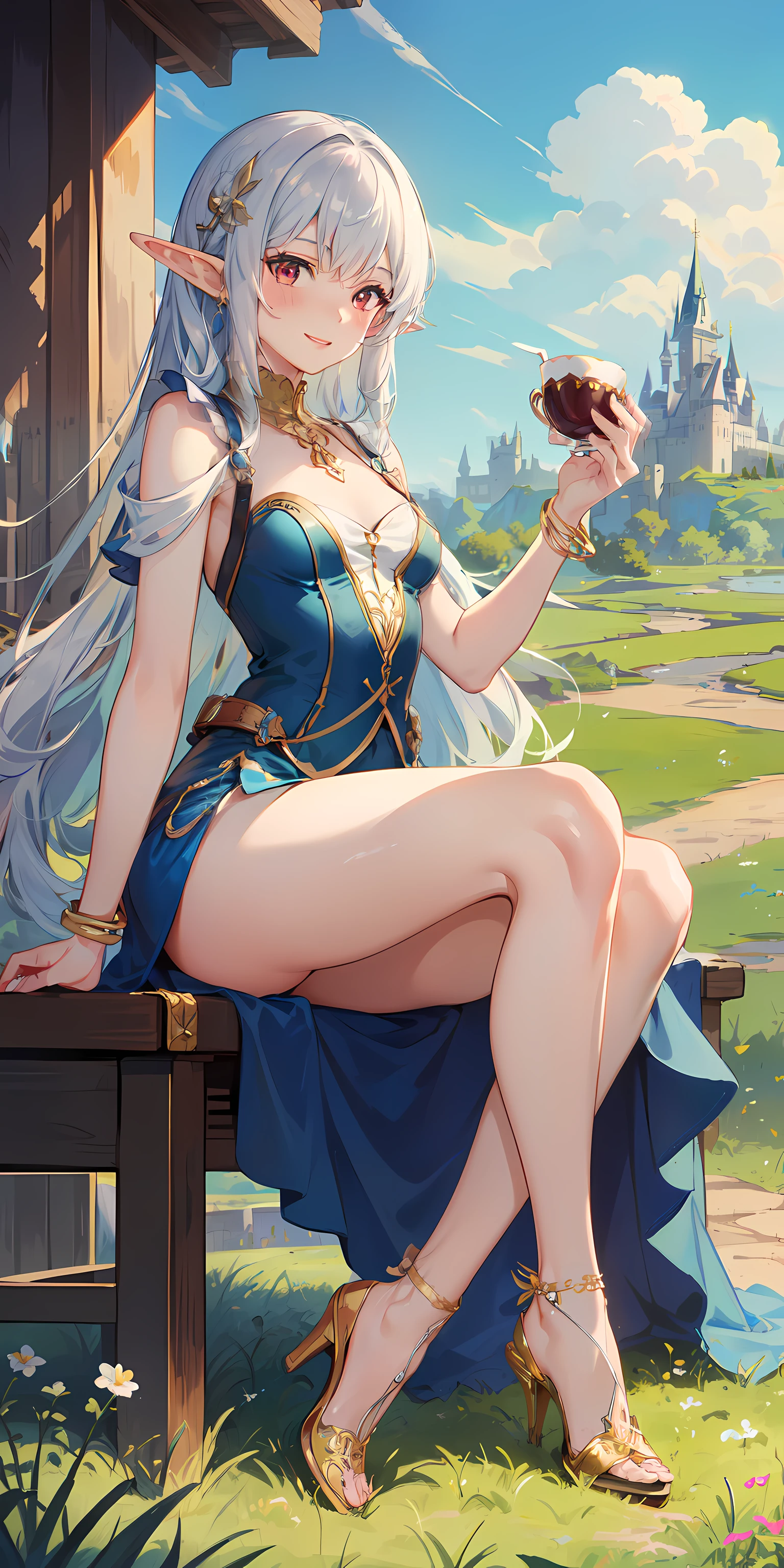 (frilly green motived medieval dress, high heels, hair ornament, bracelet, necklace gold, covered legs), detailed vibrant eyes, Perfect features, (masterpiece), (best quality:1.4), intricate details, moist skin, shiny skin, glossy skin, (masterpiece, best quality, good quality:1.4), intricate details, (detailed background, outdoor picnic, grassland, plains, castle in the distance), (cinematic lighting, best illumination, colorful), (1girl, solo, elf girl, red eyes, long braided hair, silver hair, elven ears, sharp face, blushing, thicc thighs, big ass, very wide hip, small breasts, covered, lean body, perfect hand), looking at viewer, wide smile, excited, sitting down, drinking tea