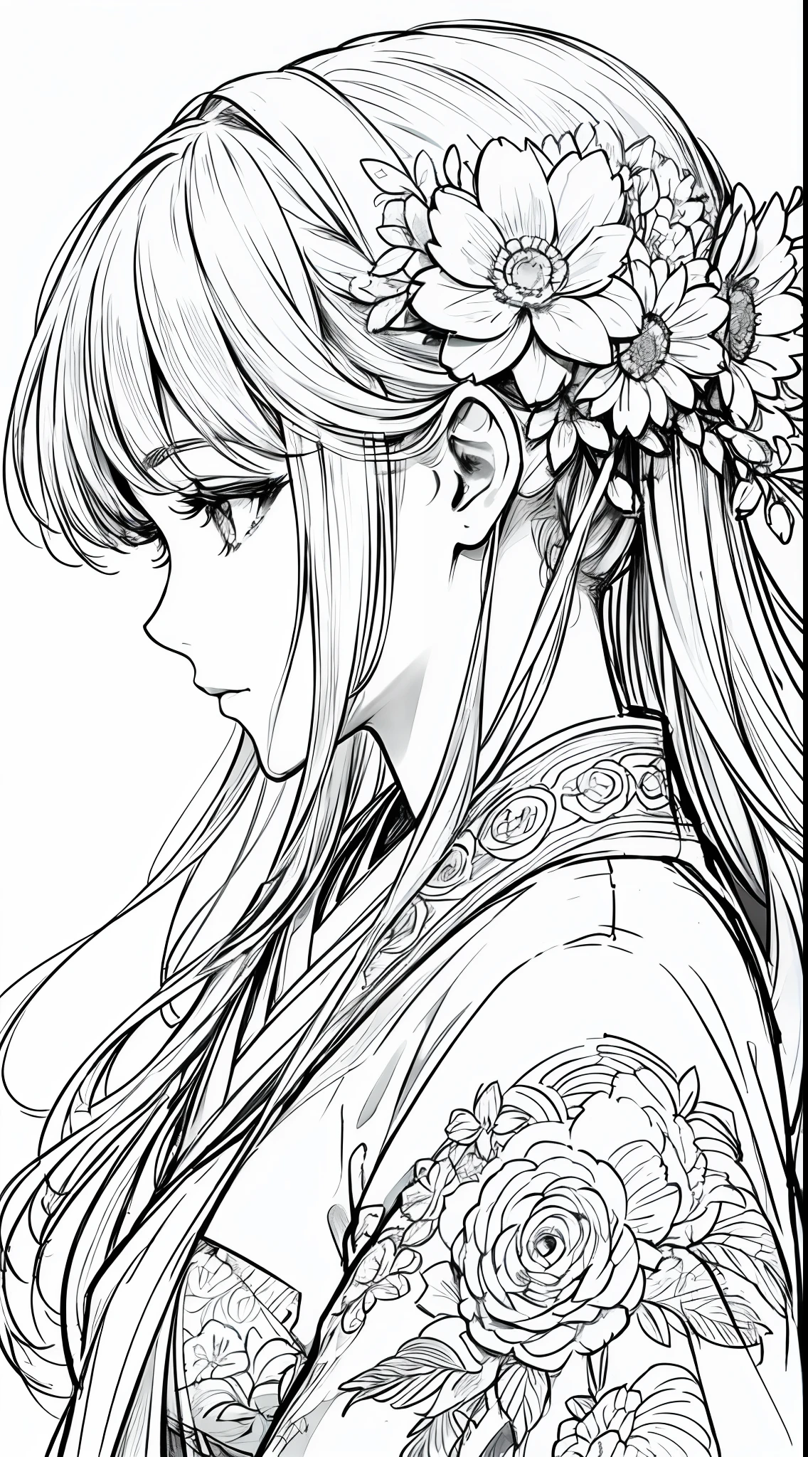 masterpiece, acura, doll, solo, hanfu, long hair, profile close-up, flower line drawing background, white background, monochrome, line drawing, ((sketch))