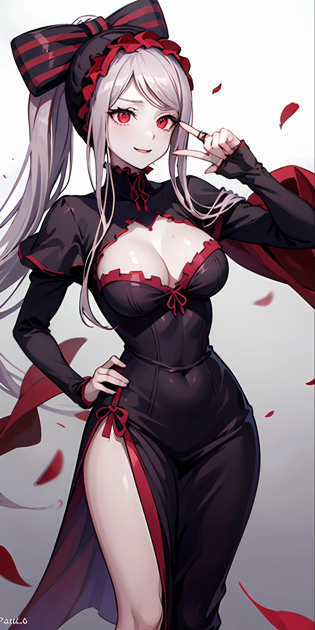 Shalltear, 1girl, vampira, sentada numa mesa de pernas cruzadas, pernas cruzadas, pale skin, pele branca, quarto, sorriso, boca aberta, estante, vestido longo, pupilas cortadas, vestido babado, hair bow, split lighting, light particles, altamente detalhado, absurdres, obra-prima, boa anatomia