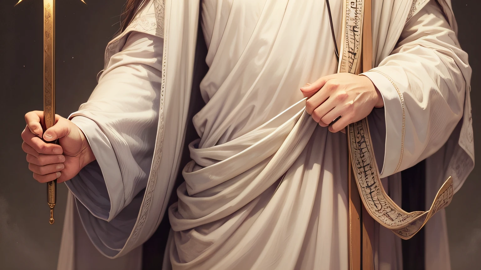 Jesus blessing people, biblical, time of Moses, wearing a white tunic, in front view, full body, realistic, intricate details, in the desert, 8k --auto