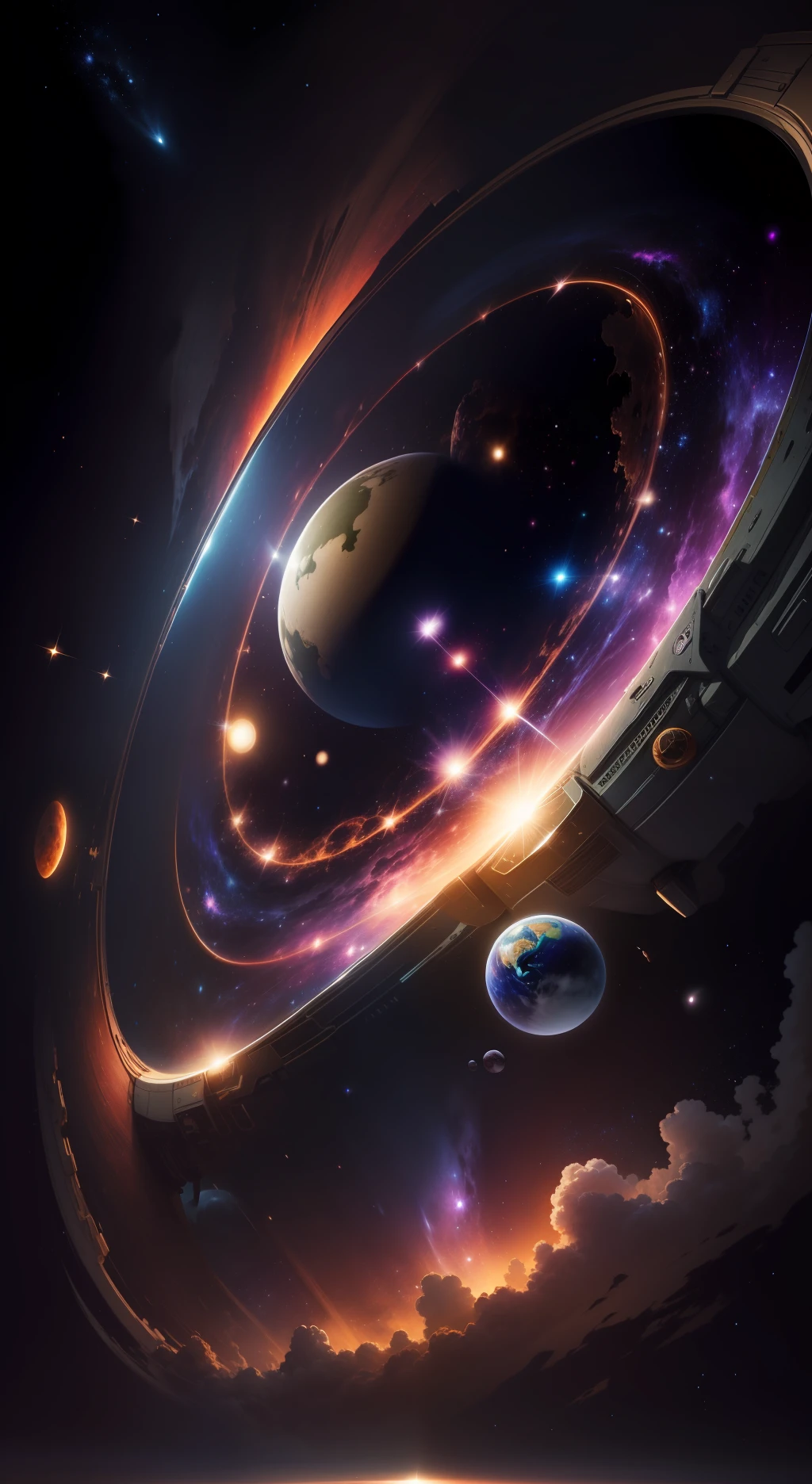 Colorful galaxy with earth,spaceship,high resolution,high quality,dark