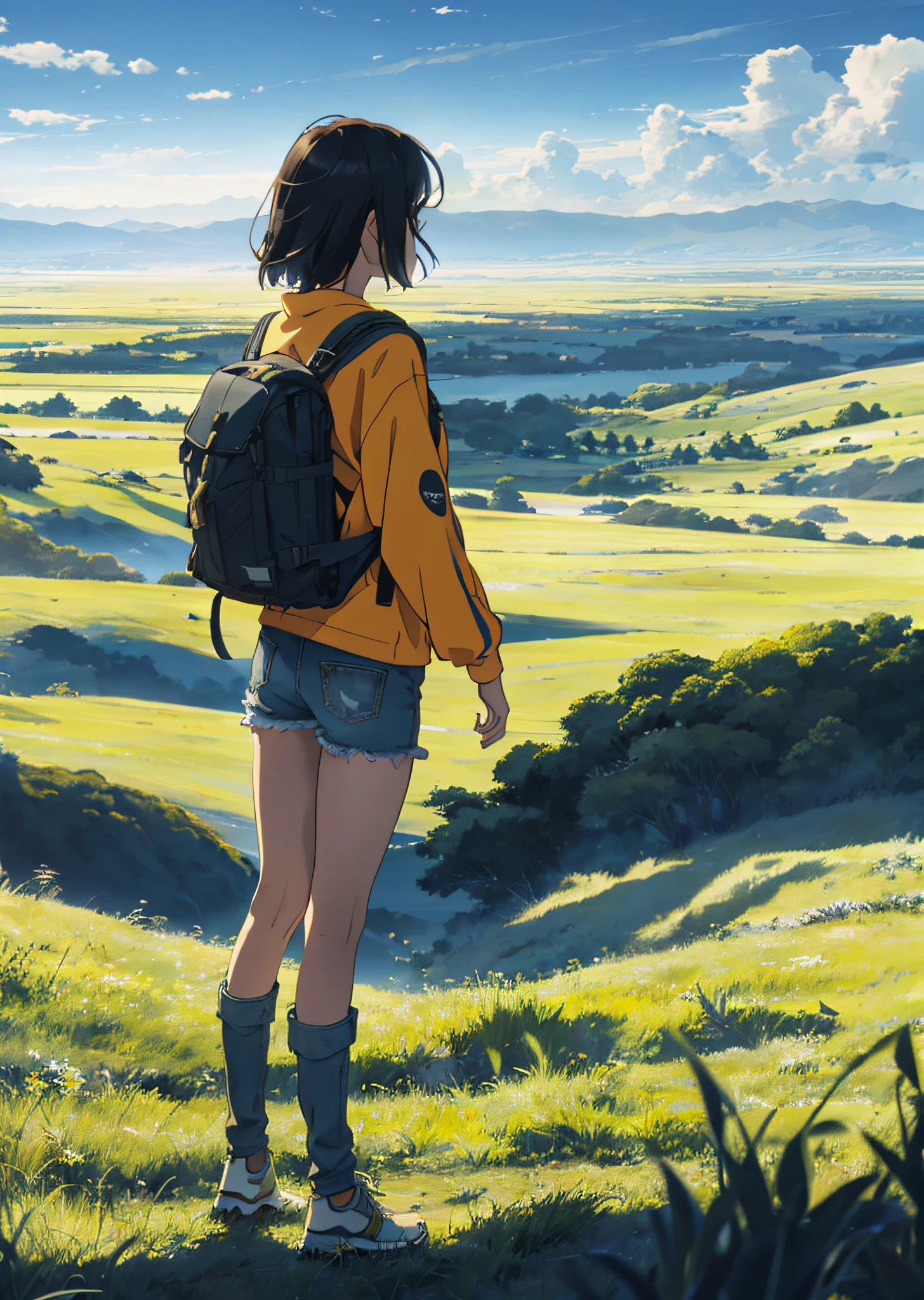 The vast sky, beautiful skyline, large grasslands, extremely tense and dramatic pictures, moving visual effects, the high-hanging Polaris, and colorful natural light. Long-sleeved top, denim shorts, and a girl with a backpack.