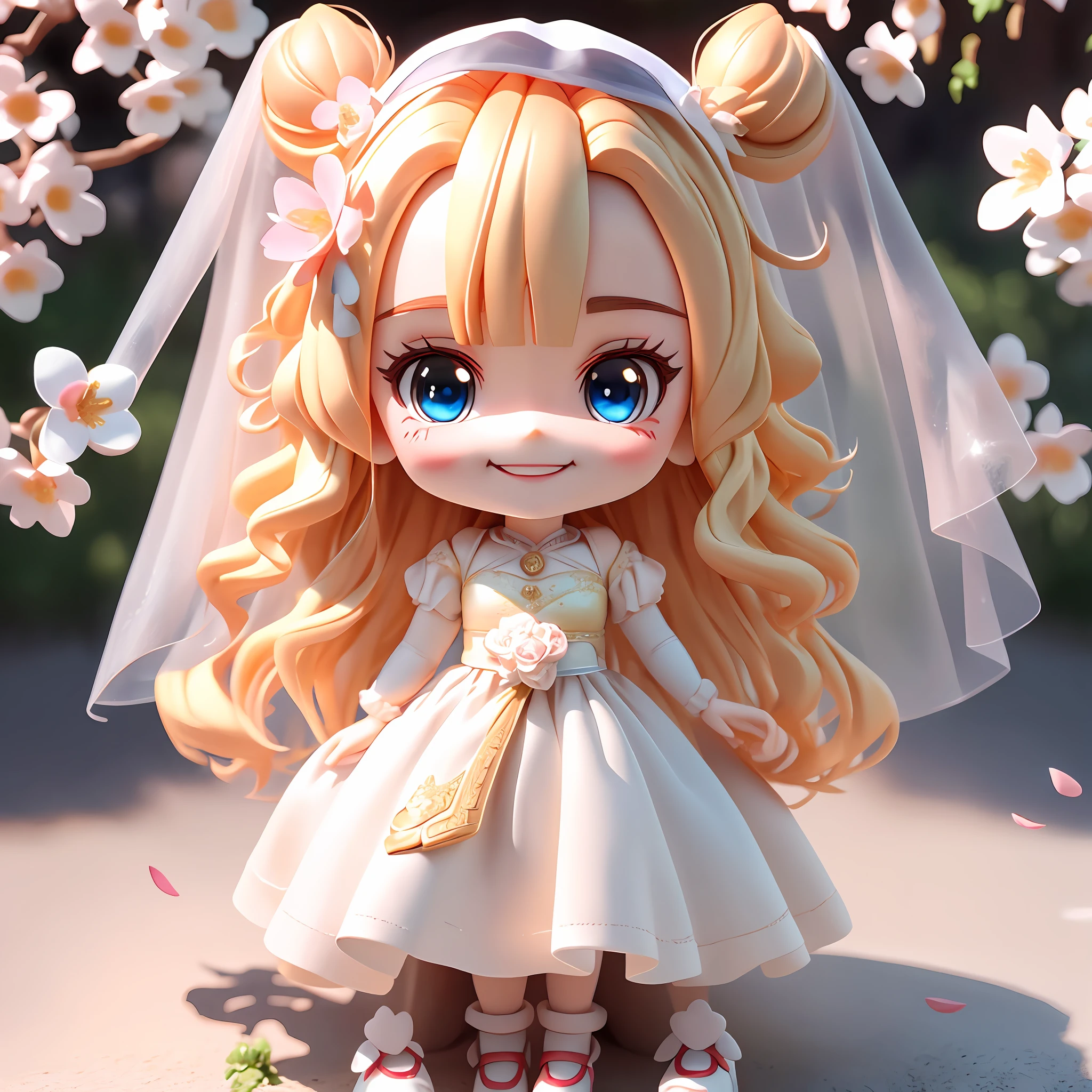 Lateral face，super saiyan，Delicate hair，Arm carving，golden hair，blossoms，Wedding dress，Veil，Wedding scene，Delicate shoes，Depiction of facial features，Delicate facial features，Eye portrayal，Delicate hair，Popmart blind box，Clay texture，Golden ratio，Black and white background，Natural Daylight，the best quality t，ultra details，3D art，C4D, OC renderer, 3d render, 8K，Various actions，Smileing🙂，Blushlush，Q version，Big-headed doll