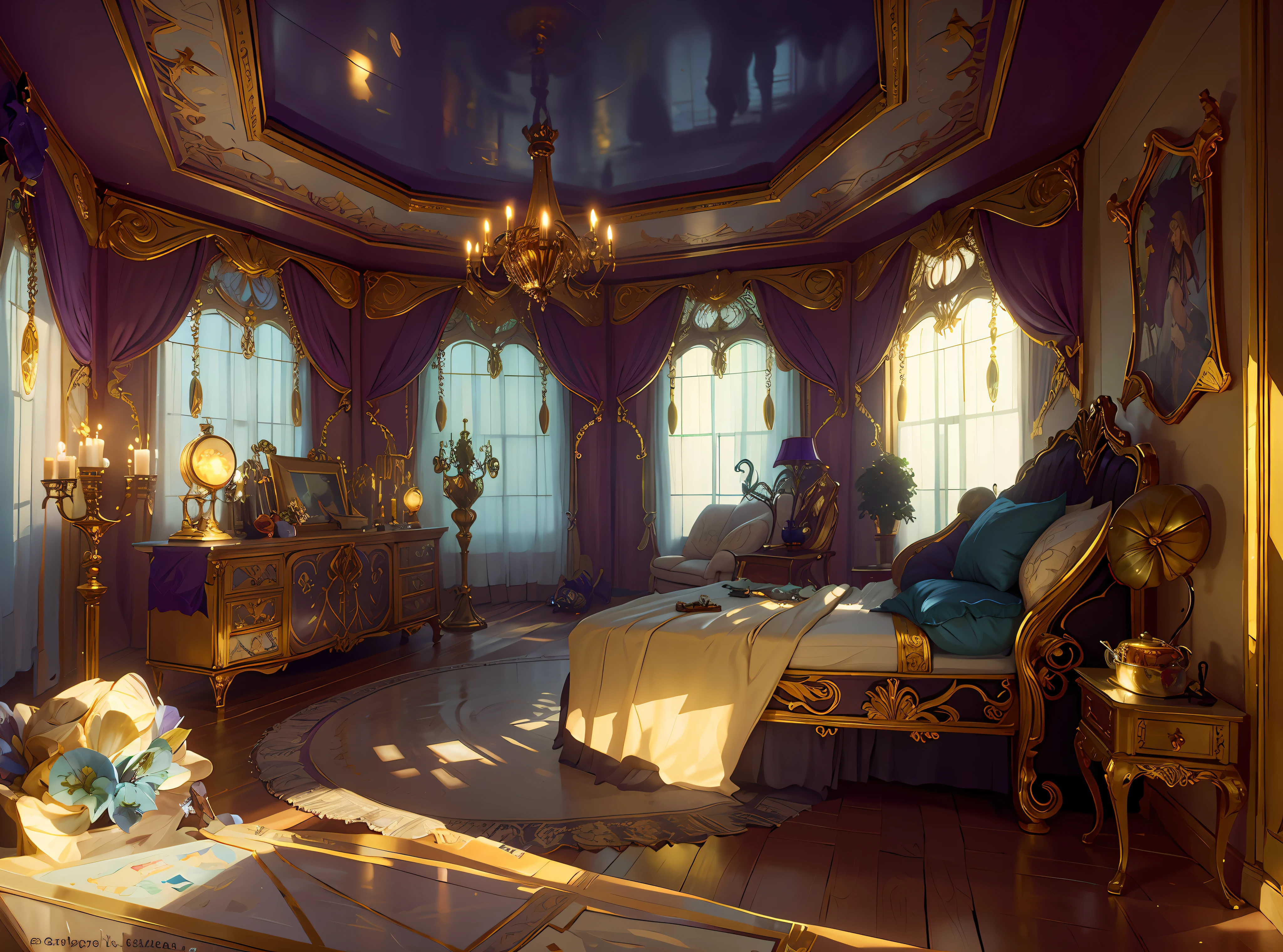 Sunlight coming in from outside, off-white bed, blue curtains, gold hemming material, shaded floor in blue-purple tones, dresser and chandelier, Gothic mansion room, Line work concept art, Interior background art, Stylized, Film art Behance HD, Art Nouveau environment, Concept art highly detailed, Victorian room, Gothic doll manor inside bedroom, Colorful, ray tracing, light and dark transparency, dark shadow transparency, metal chandelier glow, concept art scene, gorgeous borders + concept art, inspired by senior environmental artists, Disney artist style, lots of flowers, golden light, surrealism, award-winning masterpieces, incredible detail, epic stunning, ground with reflective reflections.