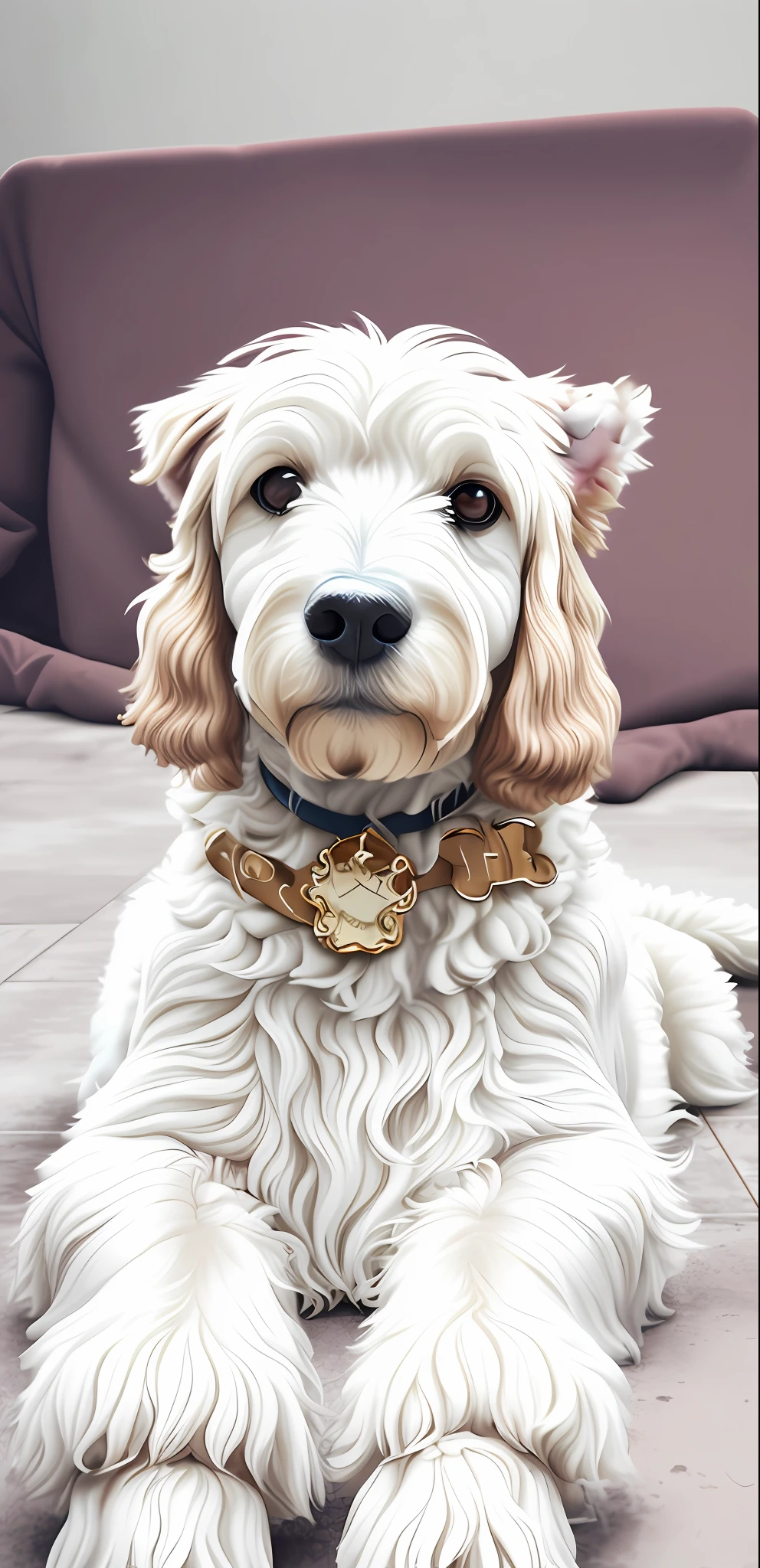 there is a white dog that is sitting on the floor, poodle dog, retrato detalhado, 2 anos, lindos recursos, olhar orgulhoso, foto de retrato detalhada, usando colarinho, olhar orgulhoso, Acentos roxos, vestido de roxo, 5 anos, Tiro de glamour, sentada em sua cama, branco e roxo, poodle, realista, cinematic