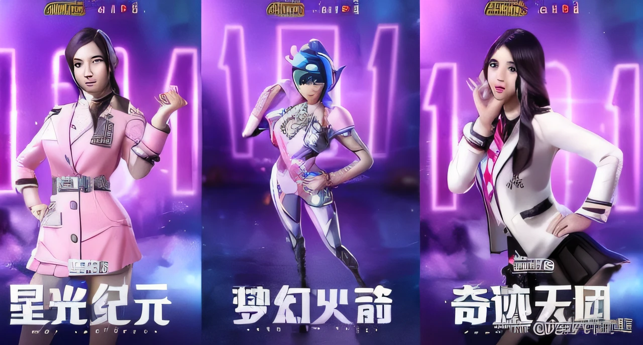 three posters of the new mobile game, mobile girl, are shown, trending on cgstation, Game CG, Digital art #oneshotgame, mobile game, 《Street Fighter》Juli Han, game promotional poster, 🕹️ 😎 🔫 🤖 🚬, human game protagonist designs, game screens hot, trending at cgstation, character poster, squid game, game poster
