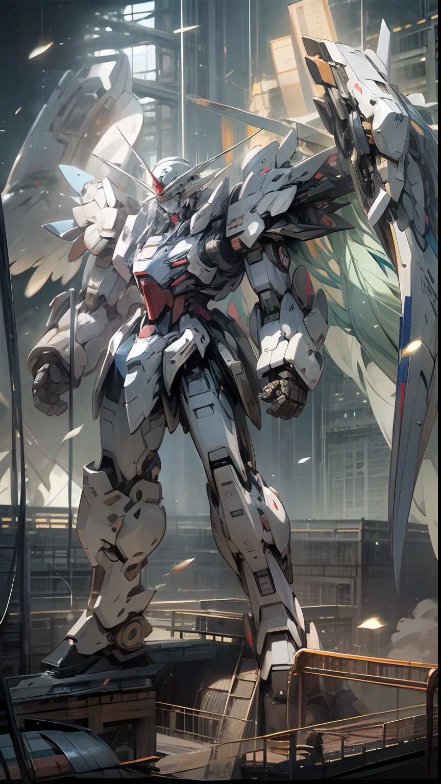 Huge fears, In sci-fi cities, Artistic landscape, Chinese boys wearing Chinese military uniforms, Back,Look up at Gundam,Up,Angel Gundam, secret, Magnificent, splendor, Strong dimensional contrast, Epic, Movies, Chinese boy, 18 years-old, Li Yifeng, Luhan, all over the body, Extremely low angles try to be huge, illustartion, Concept game design, 9:16, cinematography, pov, f/4.0, Panoramic View, atmospheric perspective, Anime, super-detail