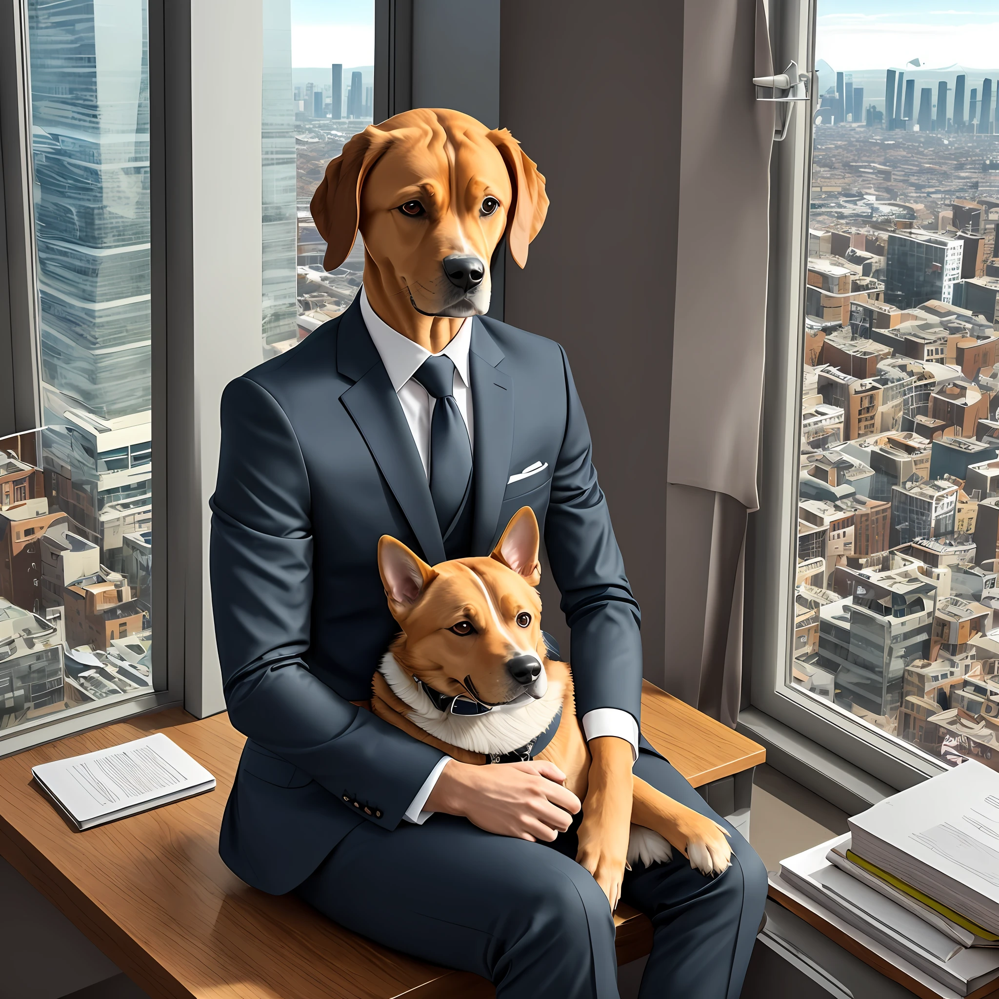 human dog with a black suit, sitting in an office, in the background a large window overlooking a city full of buildings --auto --s2