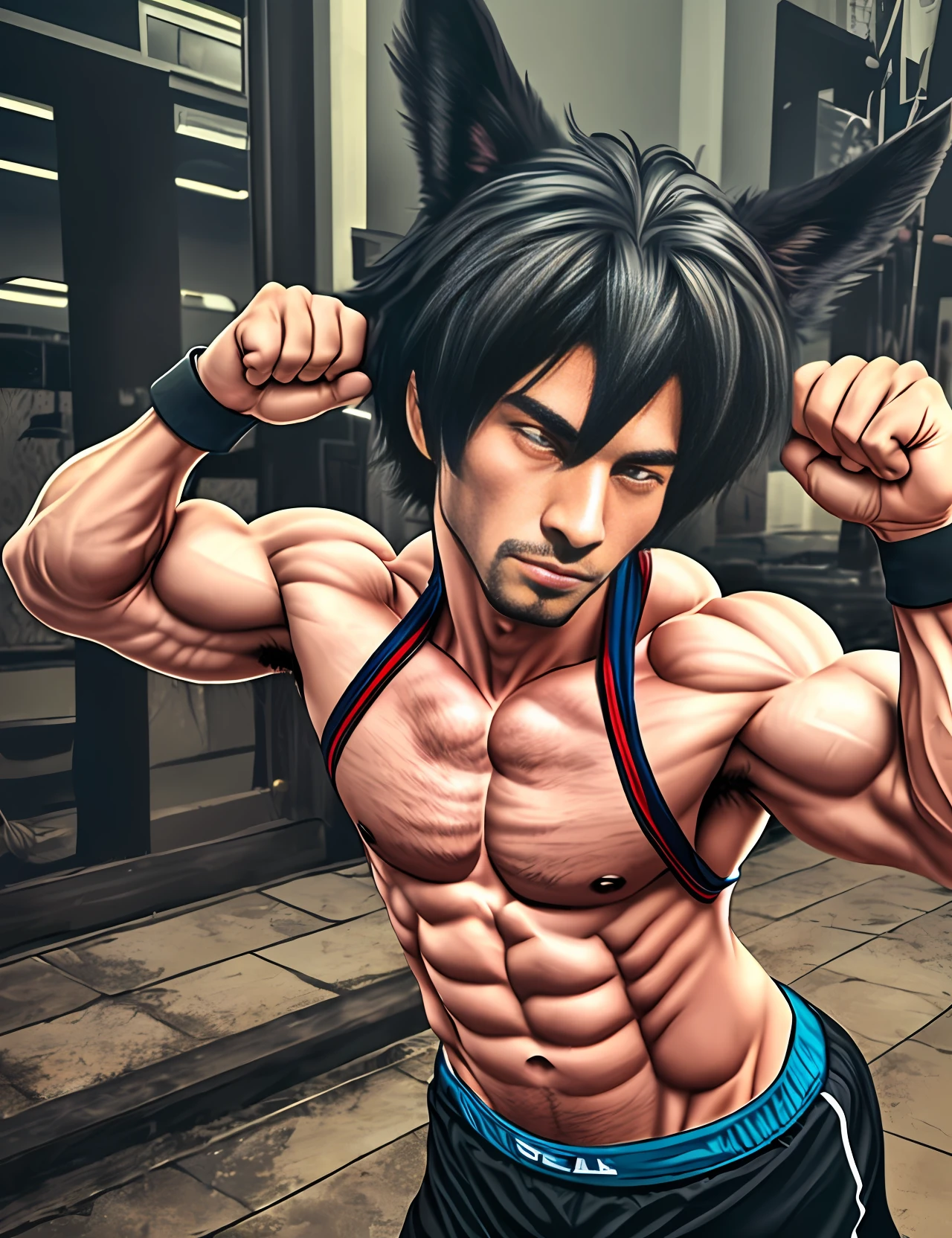 Man with strong dog head with sample muscles, em academia --auto --s2