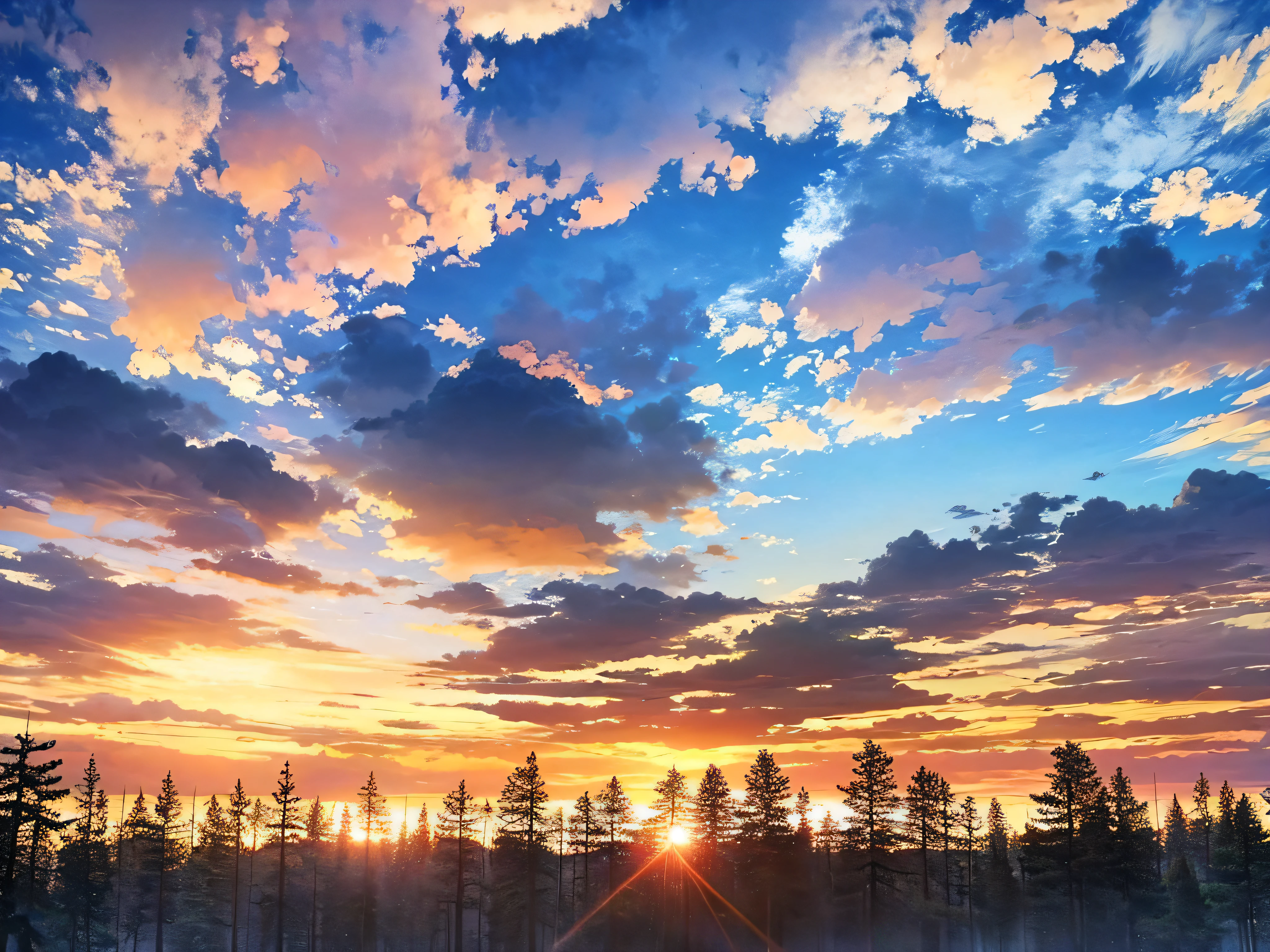 There is a picture of the sky with clouds and trees, standing in the middle of the woods looking up, looking at the sky, not splashing, aestheticism, sky setting, sky theme in the background, heaven in the background, ((sunset)), the sky outside is orange, the setting is happiness wallpaper, during sunset it is sunset, it is afternoon, miraculous cloudy background, sunset sky, sunset time, nostalgic atmosphere