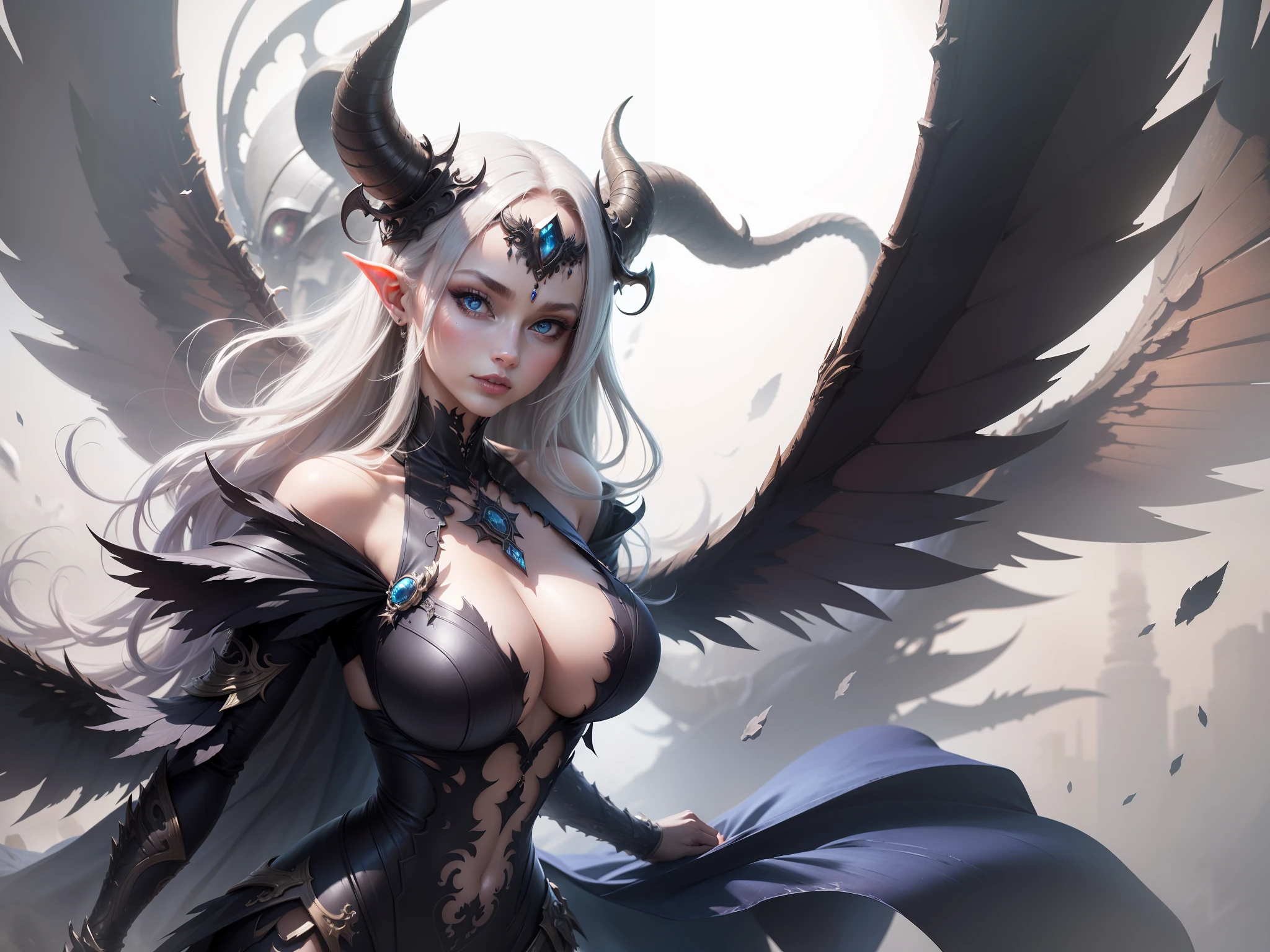 Demon queen with horns and cyborg wings, beautiful high-resolution dress, high-resolution face, Mond im Hintergrund