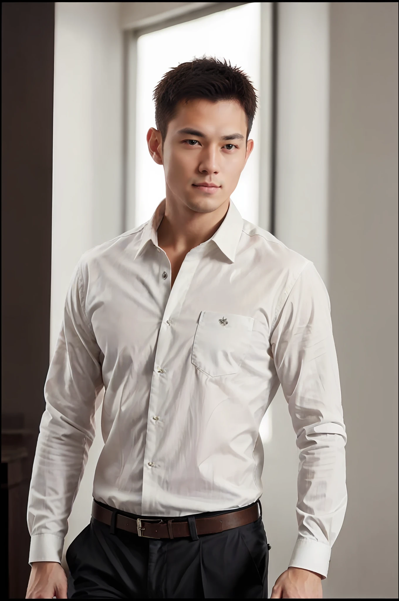 1man, a 30 y.o muscular male wearing long-sleeve white shirt and tie, upper body, soft lighting, masterpiece, best quality, 8k uhd, dslr, film grain, Fujifilm XT3 photorealistic painting art by midjourney and greg rutkowski