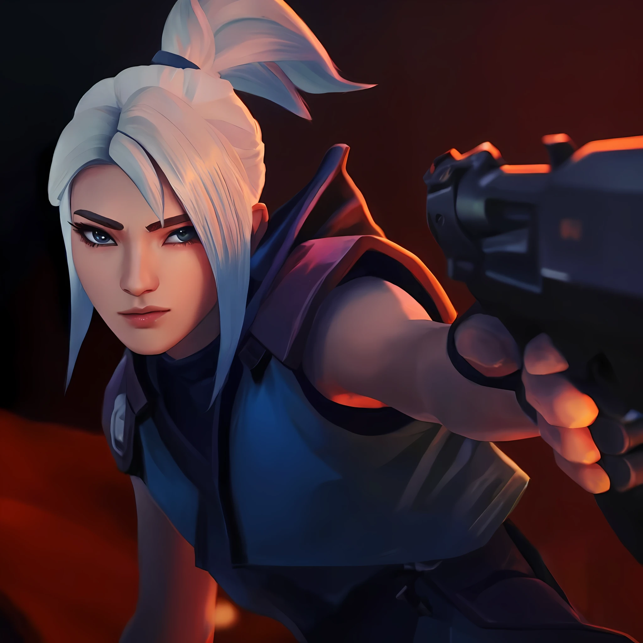 um close up de uma pessoa segurando uma arma em um quarto escuro, Pricing Character, Pricing Omen, Estilo de jogo Valorant, Estilo Valorant, Pricing jett, valorant, KDA, Artgerm e Atey Ghailan, Ashe, sage ( valorant ), De Overwatch