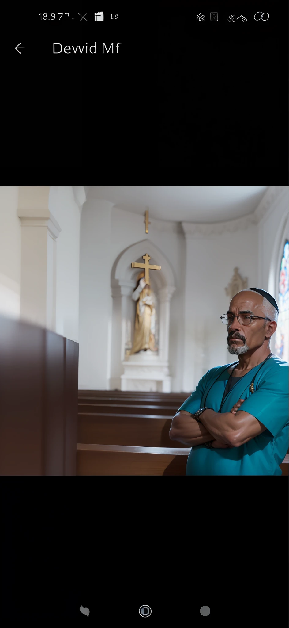 Ultra realista, detalhado, 1 Homem negro, Foto realista, Catholic church environment, Statues around