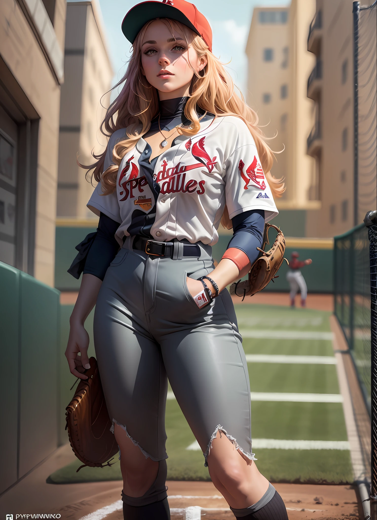 Teddi Mansueto, full body potrait of a photorealistic beautiful woman, (spectating a baseball game:1.5), hands in pockets:1.25, staring at camera in front, intense coloration fantasy, light hair, a stunning realistic photograph 20 years , random colored hair, (St Louis Cardinals fan fashion:1.3), random color eyes, Full Body, cover, hyperdetailed painting, luminism, Octane Render, Bar lighting, complex, 8k resolution concept art portrait by Martina Fačková and Prywinko Art, artgerm, WLOP, alphonse mucha, Tony Taka, fractal isometrics details bioluminescence, hypereallistic cover photo awesome full color, hand drawn, bright, gritty, realistic, davinci, erte .12k, intricated. hit definition , cinematic,Rough sketch, mix of bold dark lines and loose lines, bold lines, on paper , real life human