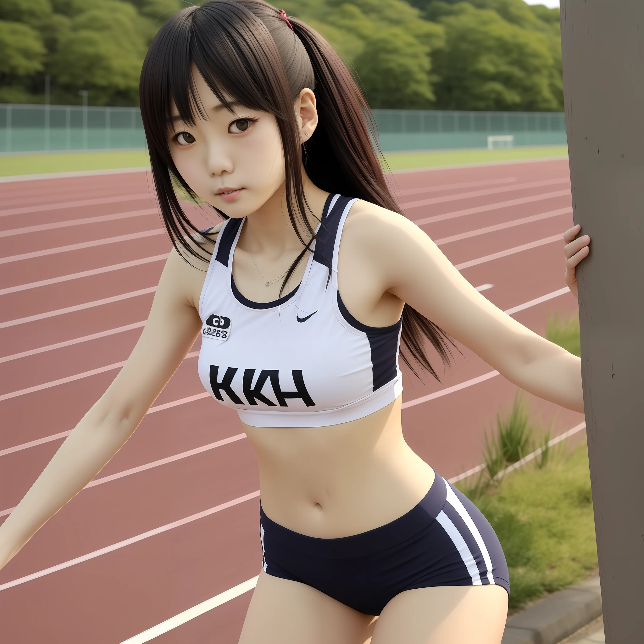 The scene is an empty track and field stadium in the early morning、1 naïve one 、Japan College Girl、track & Field Club Practice、Athletics field、1man、Doing stretching exercises、Wearing a green bra top and green running shorts、 solo(akiko takase、Kazue Kato、、Aya Takano、Etsuko Miura、Town、tsugumi ohba、chiho、Rinko Kawaichi、Takeyuki Kanda)、 Body shape is 158 cm tall、Weight 53kg、Bust 83cm(D Cup)、Waist 61cm、Hips 86cm、 Shoulder-length black hair、Bangs、 --aut