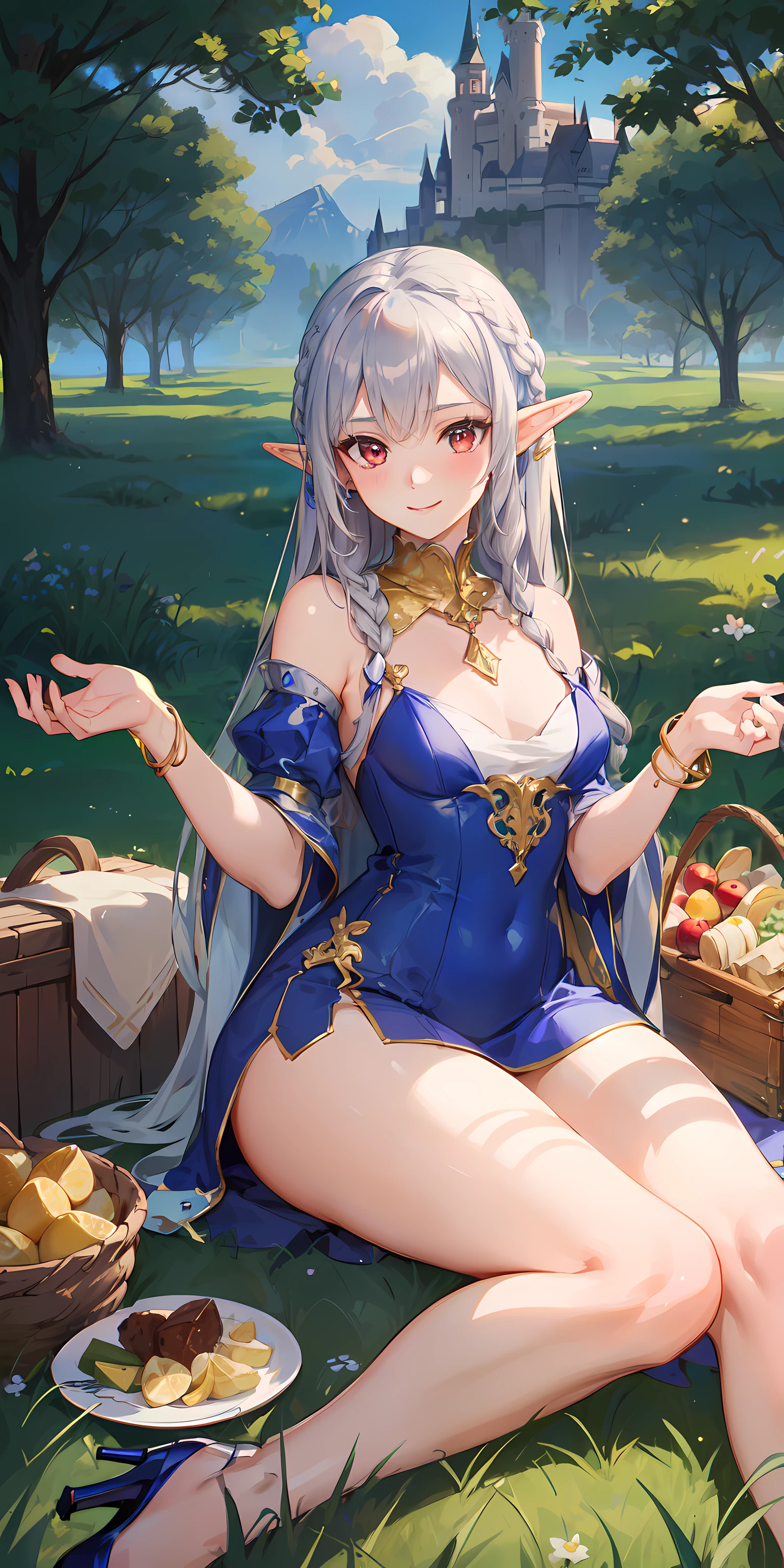 (frilly green motived medieval dress, high heels, hair ornament, bracelet, necklace gold, covered legs), detailed vibrant eyes, Perfect features, (masterpiece), (best quality:1.4), intricate details, moist skin, shiny skin, glossy skin, (masterpiece, best quality, good quality:1.4), intricate details, (detailed background, outdoor picnic, picnic table, grassland, plains, castle in the distance), (cinematic lighting, best illumination, colorful), (1girl, solo, elf girl, red eyes, long braided hair, silver hair, elven ears, sharp face, blushing, thicc thighs, big ass, very wide hip, small breasts, covered, lean body, perfect hand), looking at viewer, wide smile, excited, sitting down, holding tea cup
